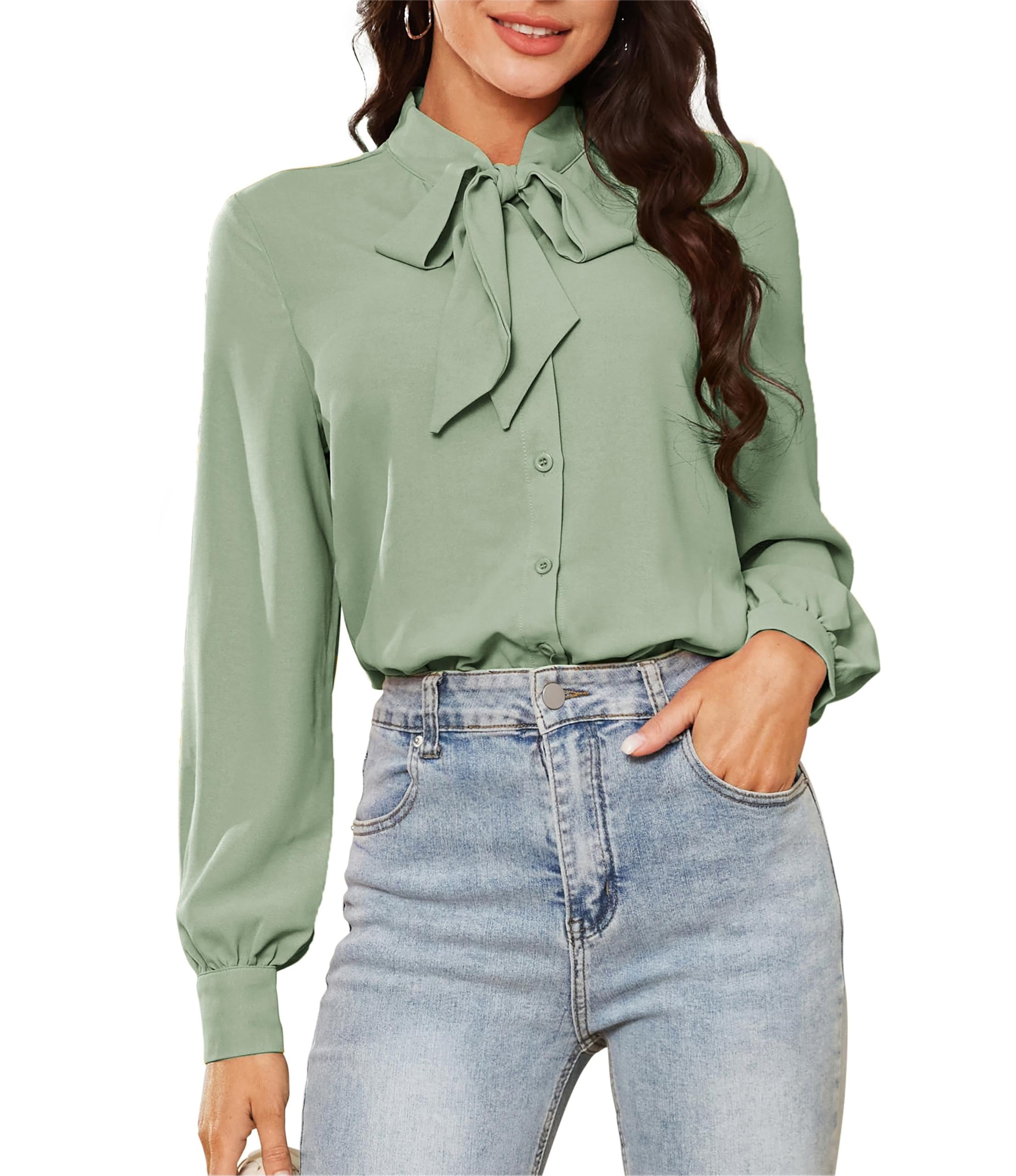 Kate Kasin Elegante Body da Donna Camicetta Decorazione con Fiocco Body A Maniche Lunghe Camicia da Lavoro per Ufficio Top Casual Verde Chiaro XL
