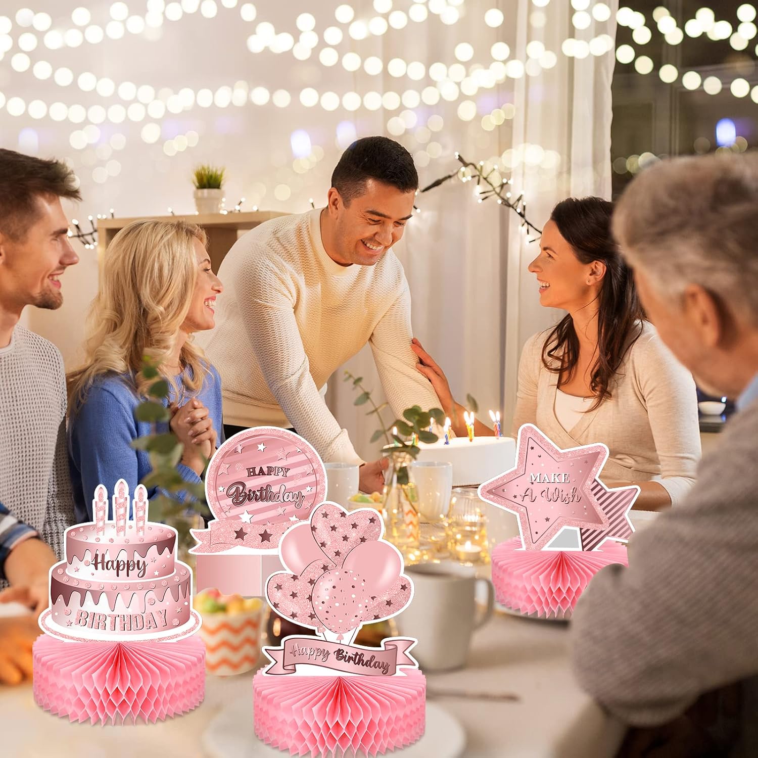 Teling 9 Pack Pink Rose Gold Birthday Table Decorations Table Honeycomb Centerpiece Double Sided Rose Gold Centerpieces for Birthday Decorations for Women Girls Photo Props