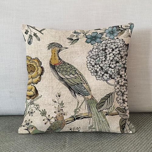 Miniatura 2 de Funda de almohada europea de faisán floral amarillo y gris, estilo chinoiserie, funda de cojín asiática de 20 x 20 pulgadas, funda de almohada rural