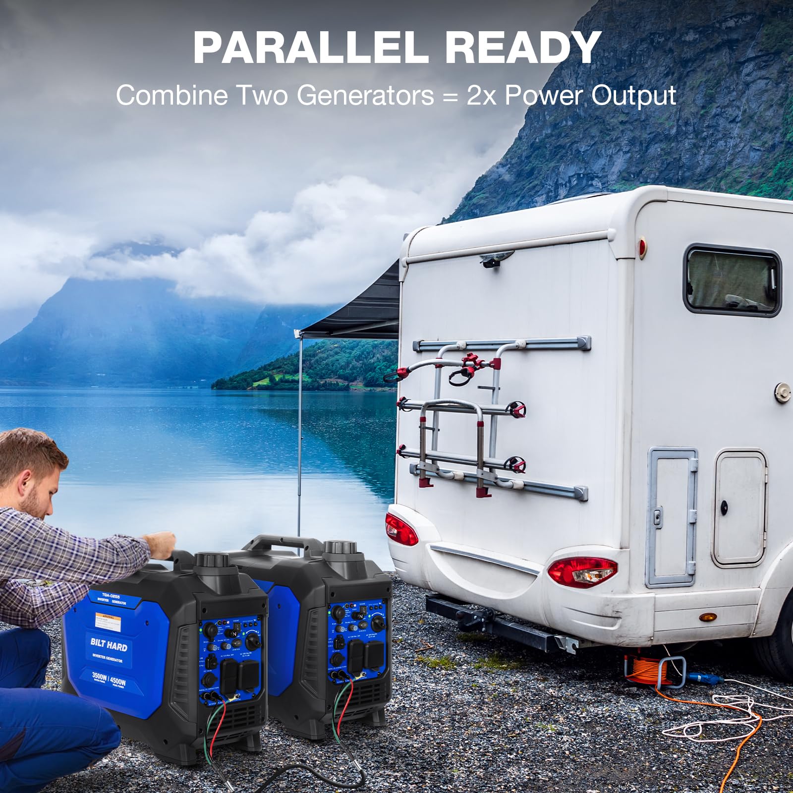 BILT HARD Generador portátil de combustible doble a gas y propano de 4500W, generador alimentado por gas y propano con sensor de CO, listo para autocaravana, capaz de funcionamiento en paralelo 6