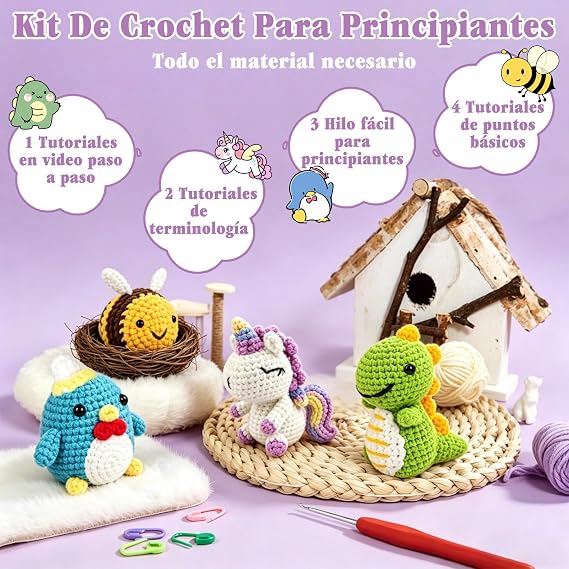 Crochet Kit for Beginners - 4 Animal Kits with Video Tutorial, Starter Kit, Birthday Gifts for Adults and Kids