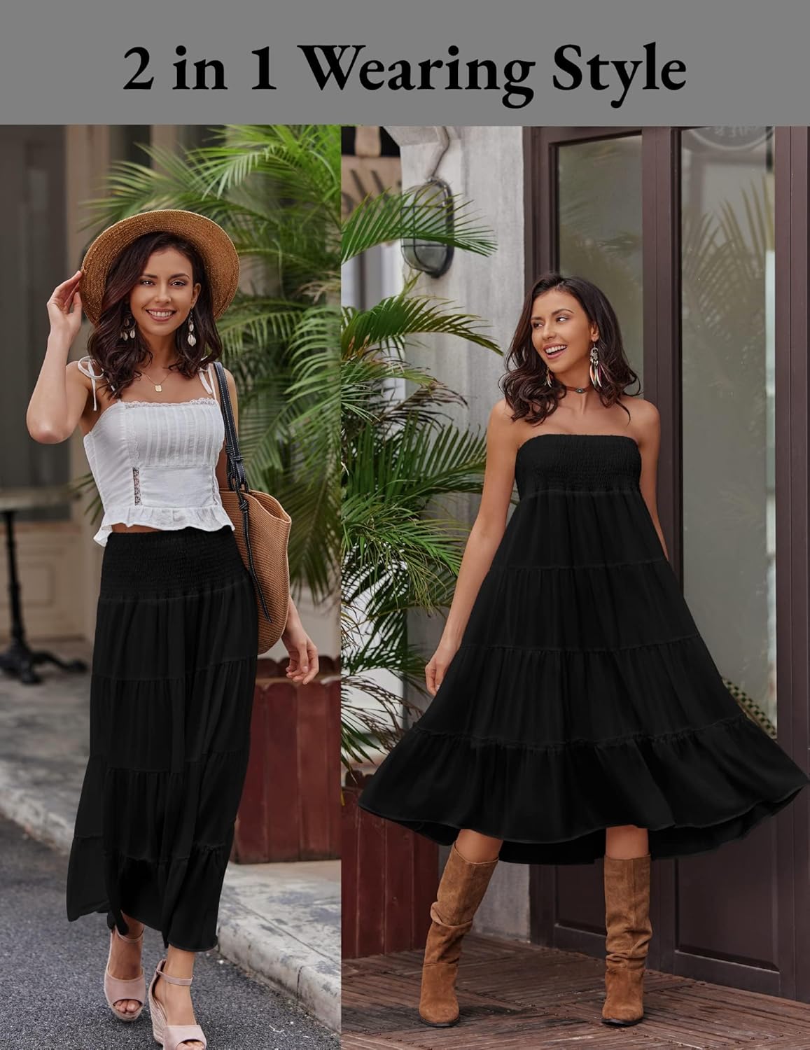 Zeagoo Women's Long Maxi Skirts Tiered Elastic High Waist Boho Double Layered Print A-Line Casual Midi Dress - Image 2