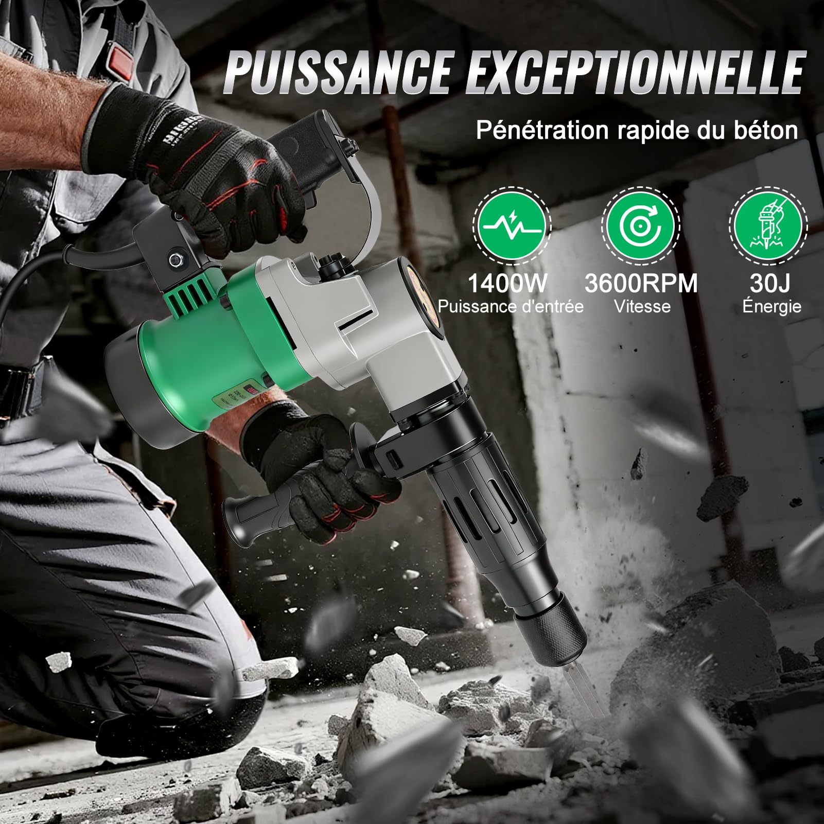 Marteau Piqueur, 1400W 30 Joules Marteau Piqueur De DéMolition Marteau Perforateur Burineur Electrique Avec Burin Pointu Et Burin Plat,Anti-Vibration PoignéE Rotative 360° Pour Brise-BéTon