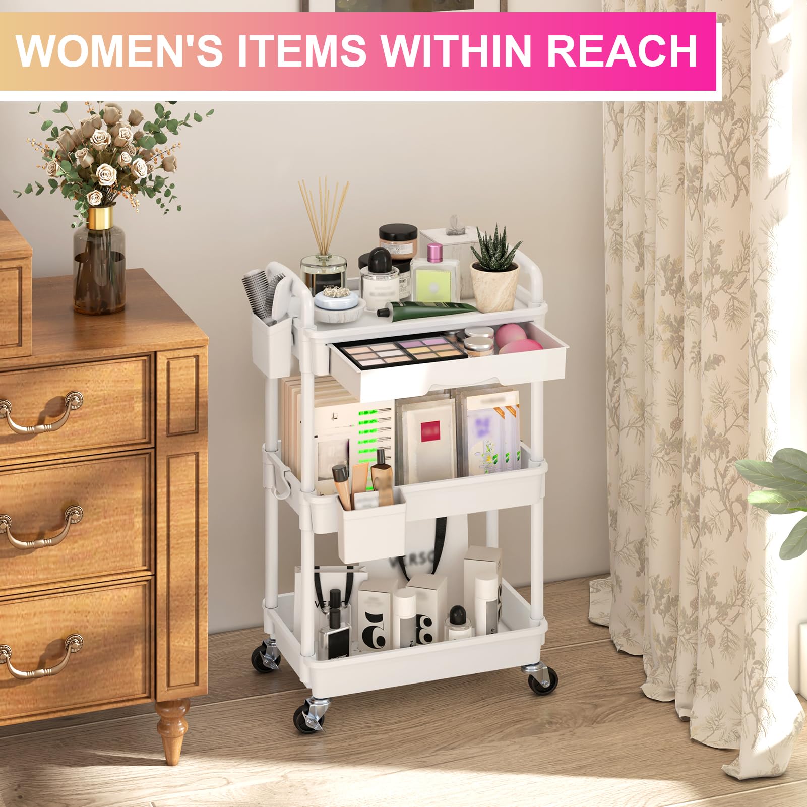 Goovilla 3 Tier Rolling Utility Cart Organizer with Removable Drawer, Stable and Sturdy White Rolling Storage Carts with 2 Lockable Wheels for Bathroom, Kitchen, Snack, Craft, Makeup, Baby Essentials