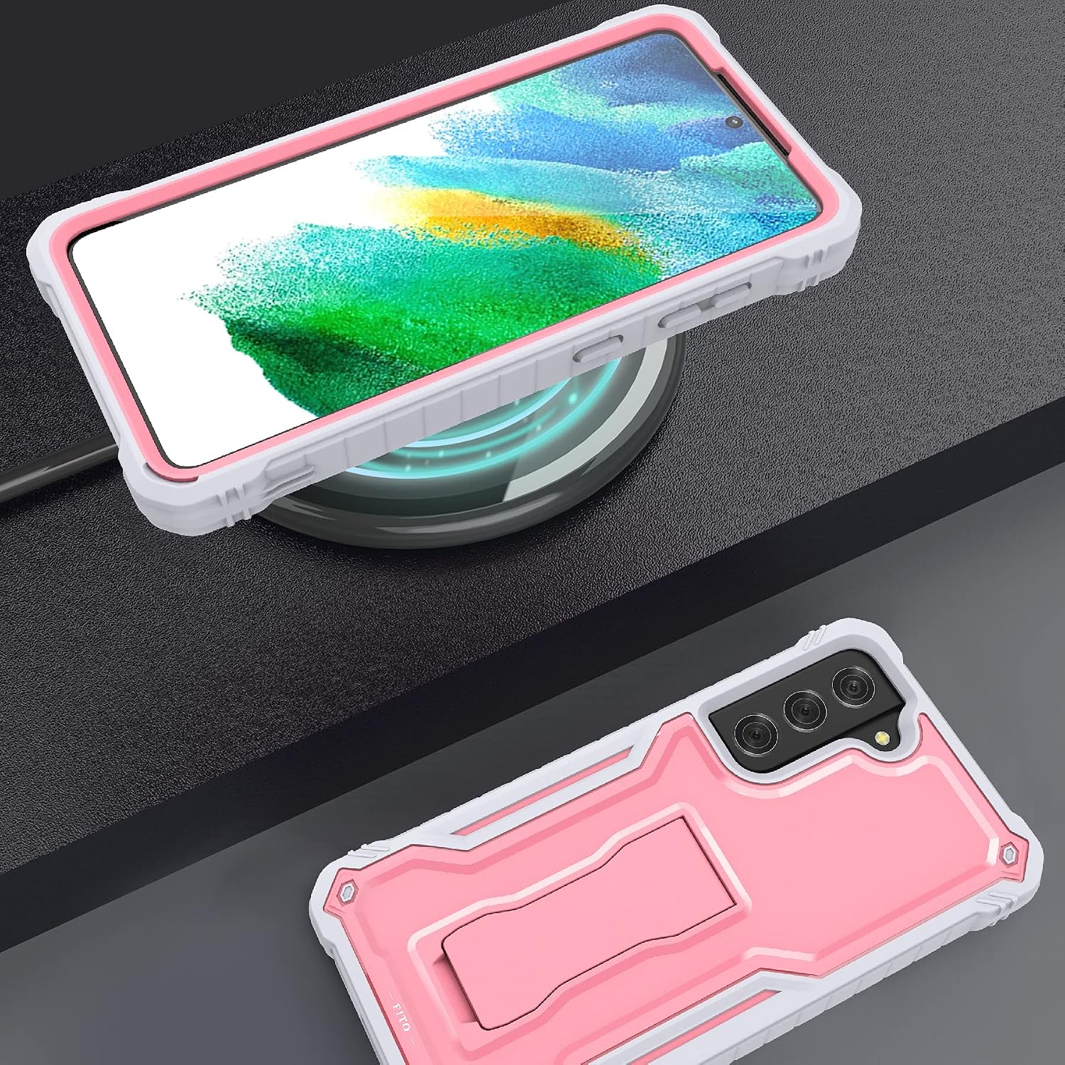 FITO for Samsung Galaxy S21 FE Case, Dual Layer Shockproof Heavy Duty Case for Samsung S21 FE 5G Phone with Screen Protector, Built-in Kickstand (Pink)