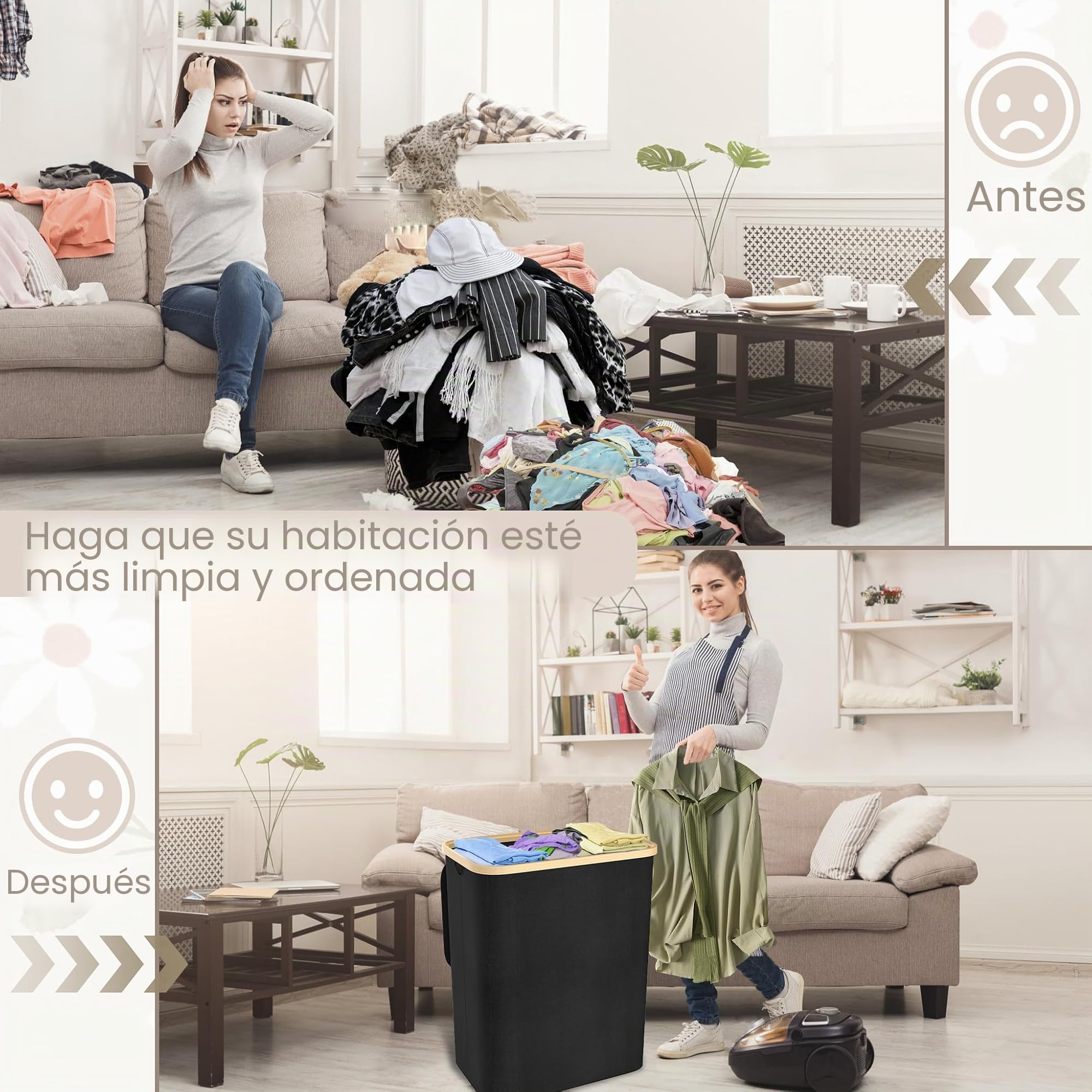 UISEBRT Cesto para la colada con tapa, 3 compartimentos, bolsa de lavandería de 140 l, cesta para la colada estrecha, plegable, extra grande, de bambú, con tapa, color negro