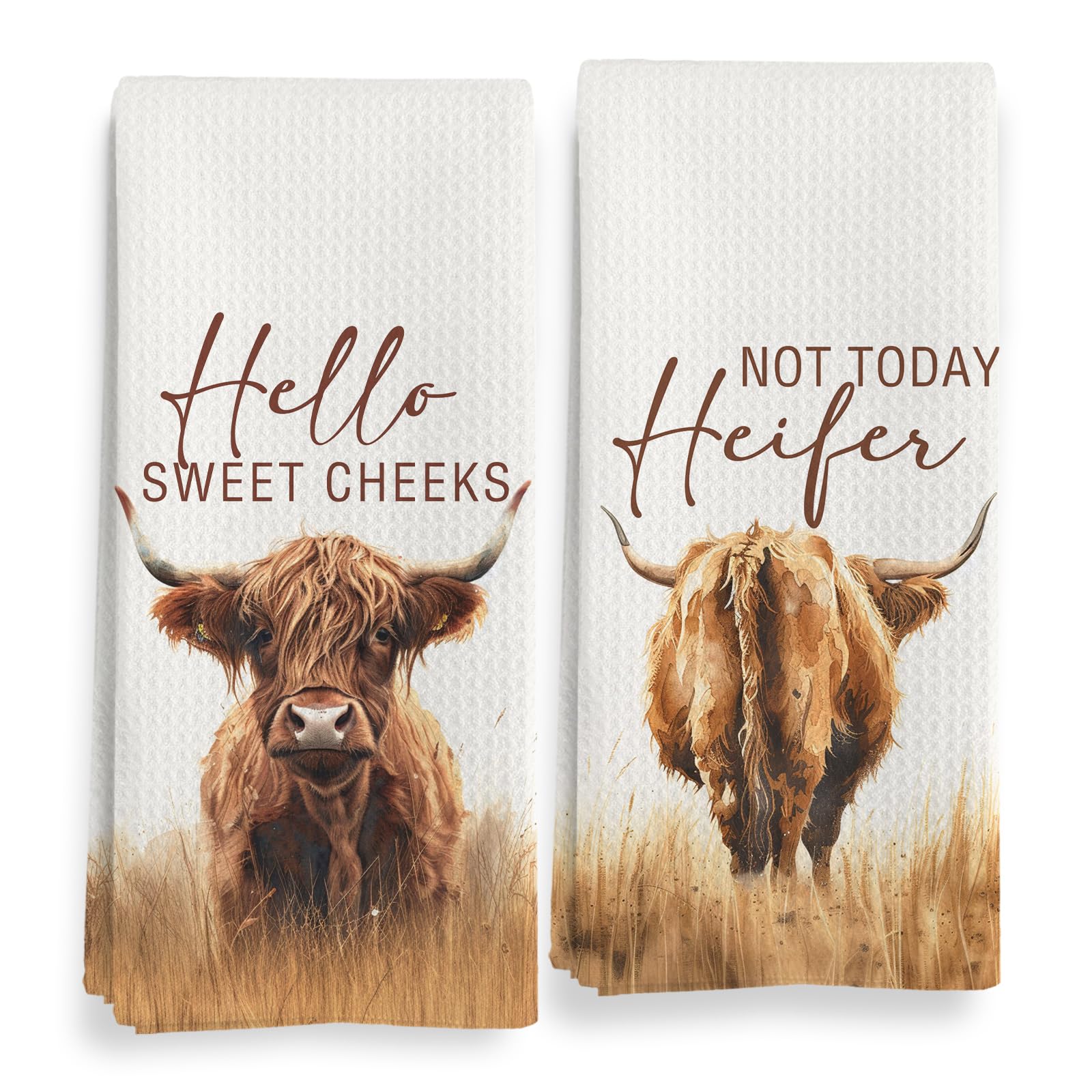 Hightland Western Cow Decor Bathroom Towels, Farmhouse Hello Sweet Cheeks Hand Towel Decorative Set, Fall Decorations for Home, Fall Hightland Cow Lover Gifts Hand Dish Tea Towels 16x24in