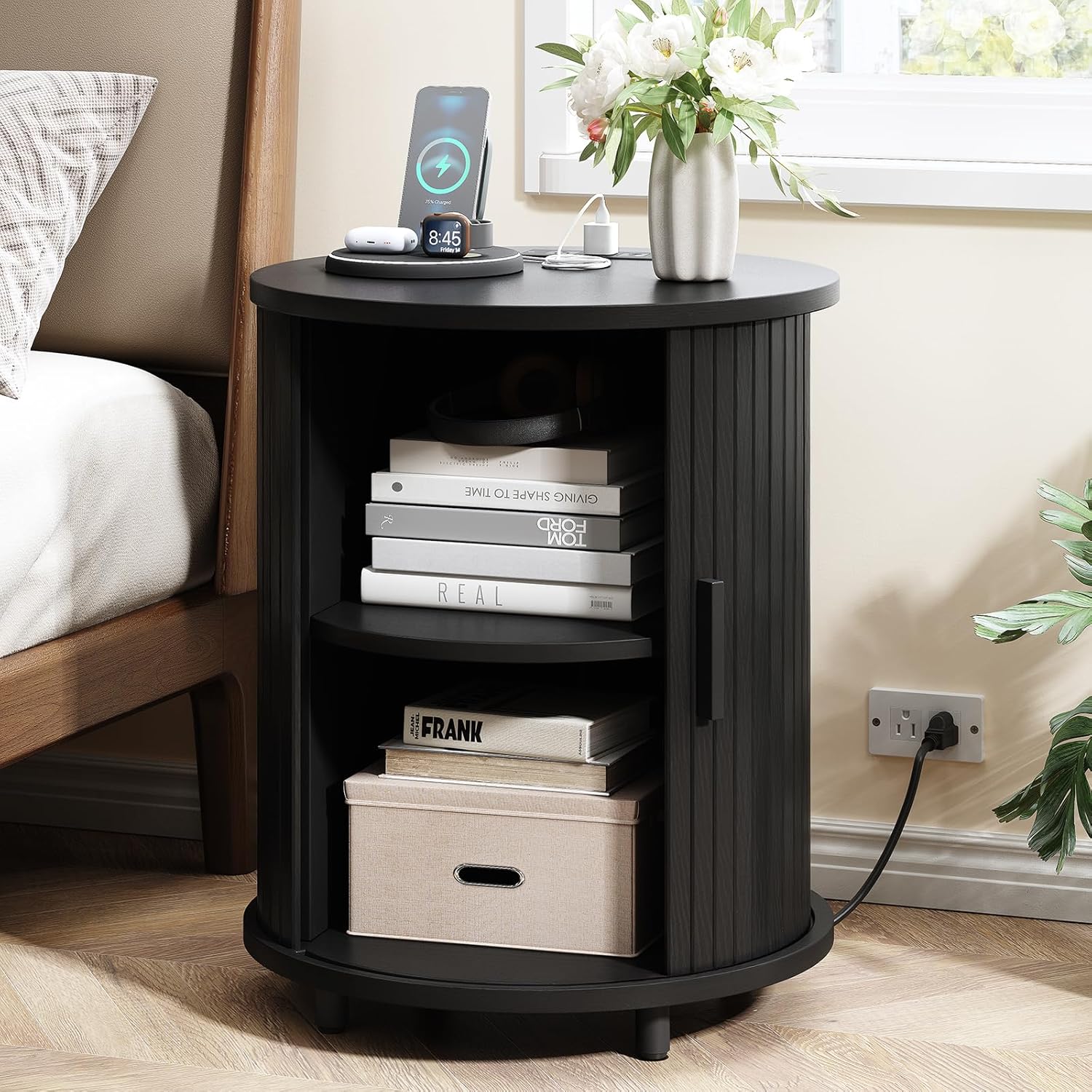 ONBRILL Round End Table Set of 2 with Charging Station, Mid Century Bedside Table with Sliding Door & 2 Tier Storage, Modern Nightstands Set of 2 for Living Room, Bedroom, Entryway, Black