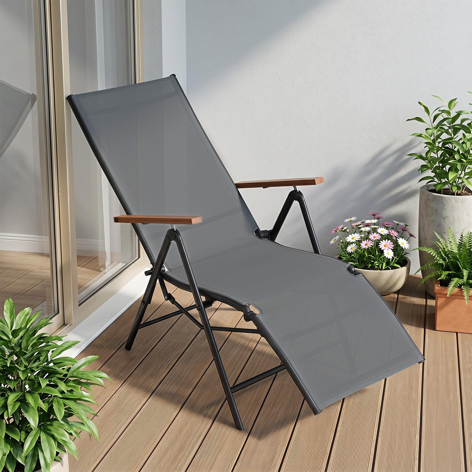 COSTWAY Chaise Longue Jardin Pliante, Dossier Réglable en 6 Positions, Gris