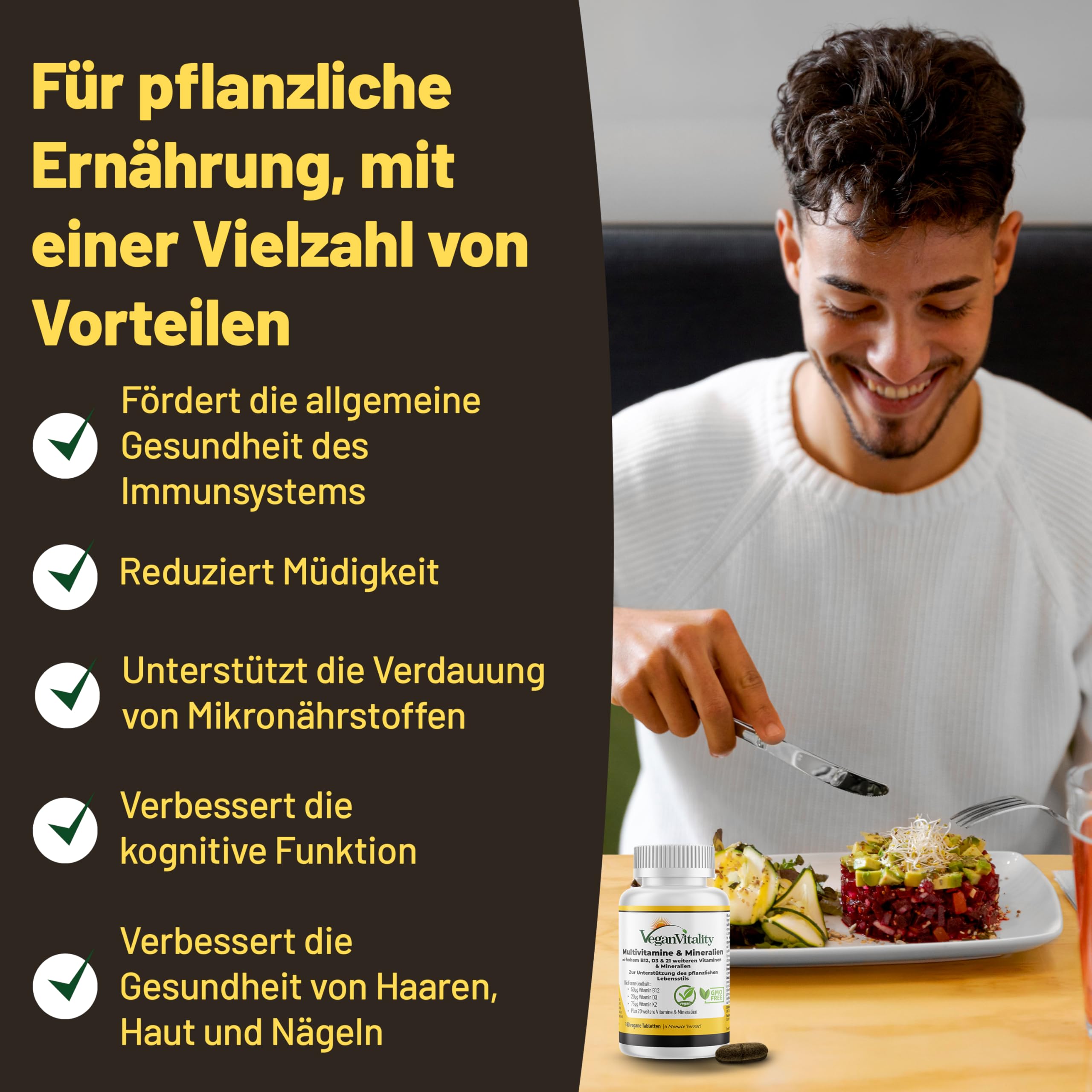 Vegan Multivitamin Tabletten hochdosiert - Vitamin b12 vegan & Eisen. 180 Multivitamin Tabletten Nahrungsergänzungsmittel - 6 Monate Vegan & Vegetarier - Alle Vitamine in einer Tablette