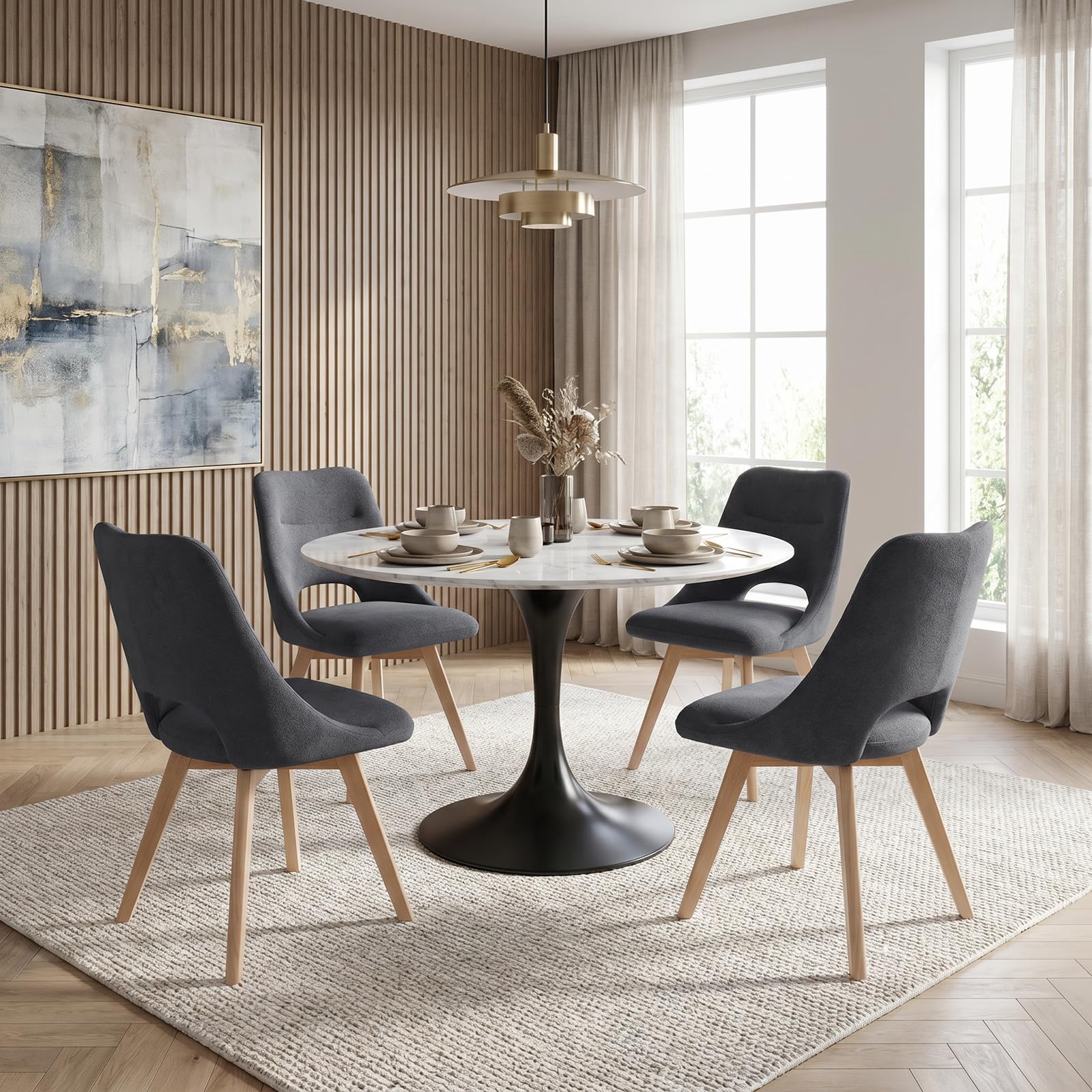WAFTING Sillas de Comedor Giratorias 360° Acolchadas Pack de 4, Gris Oscuro | Tejido Similcachemir, Pata de Haya, Asiento Ancho de 48 cm, Respaldo Calado, para Comedor, Cocina, Salón y Cafetería