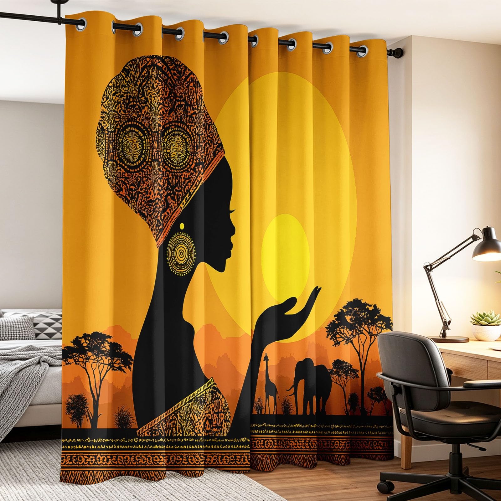 Rideau Thermique Style Africain, Rideau Occultant Fille Silhouette Coucher de Soleil L 110 x H 215 cm, Rideaux et Draperies Intérieurs à Oeillets Rideau, Rideaux Chambre Salon Fenetre,