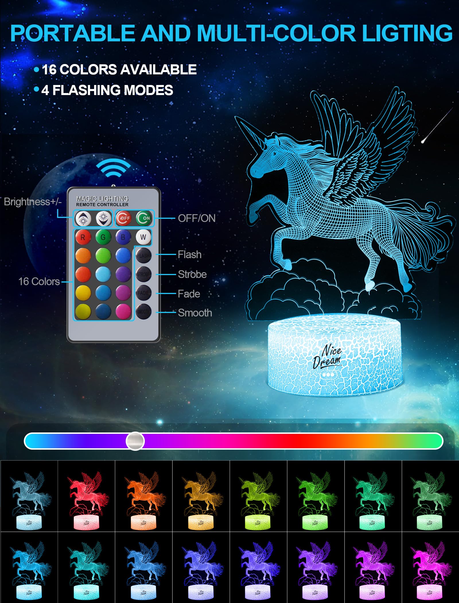 Nice Dream Luce Notturna 3D Balena Per Bambini - Lampada LED Con Telecomando E Touch, 16 Colori E Dimmerabile, Alimentazione USB/Batteria, Regalo Cameretta