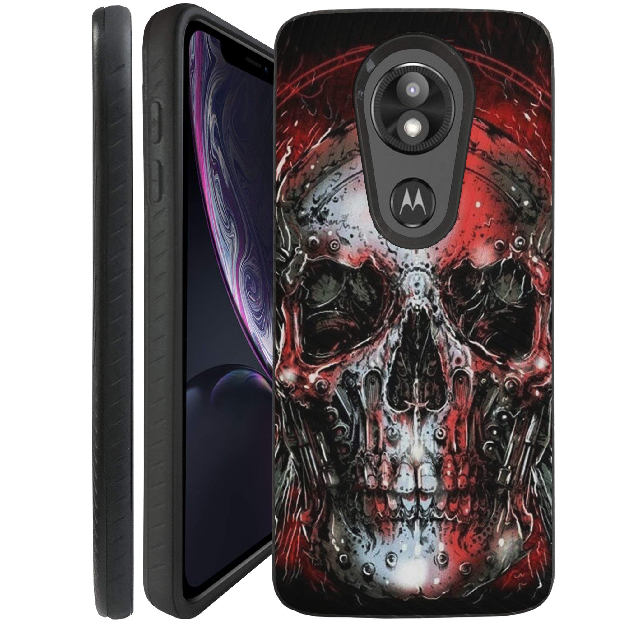 CasesOnDeck Case for Motorola Moto E5 Plus/Moto E5 Supra - Slim Fitted Hybrid Fusion Embossed Dual Layer Cover (Red Skull)