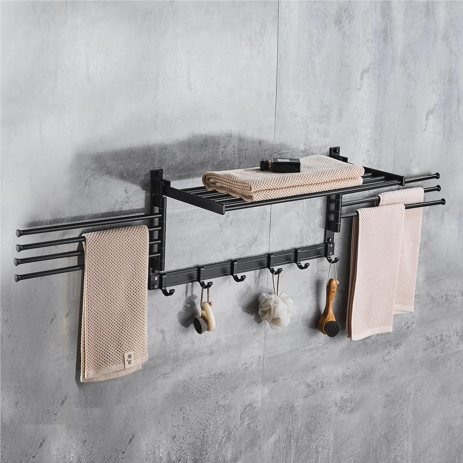 Toallero de 40 cm con Marco Superior y Ganchos, toallero Giratorio Pared, fácil Instalar Ahorra Espacio para Baño y Cocina