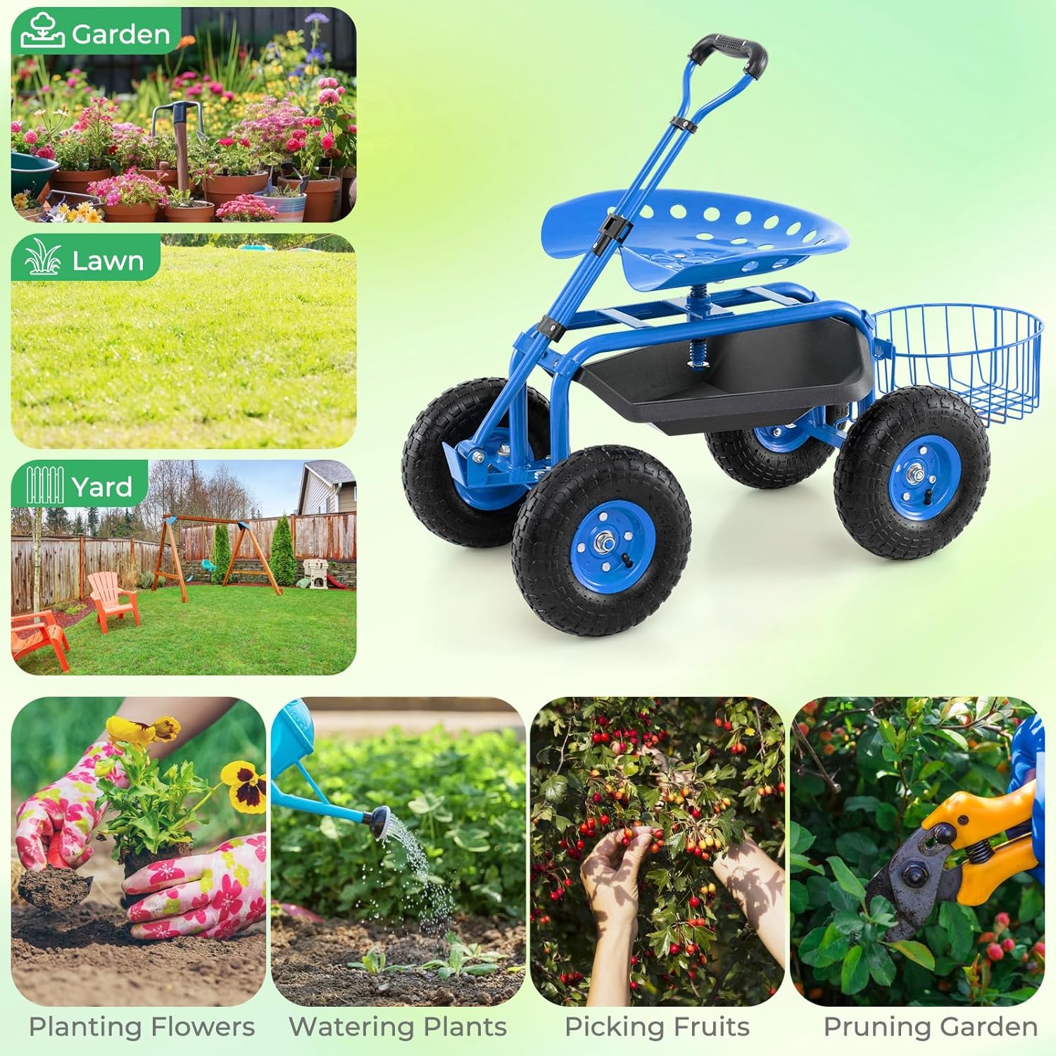 Garden Seat with Wheels, Rolling Stool with Extendable Handle, Storage Basket & Tool Tray, Garden Scooter with 360 Degree Swivel Seat for Outdoor & Yard (Blue)