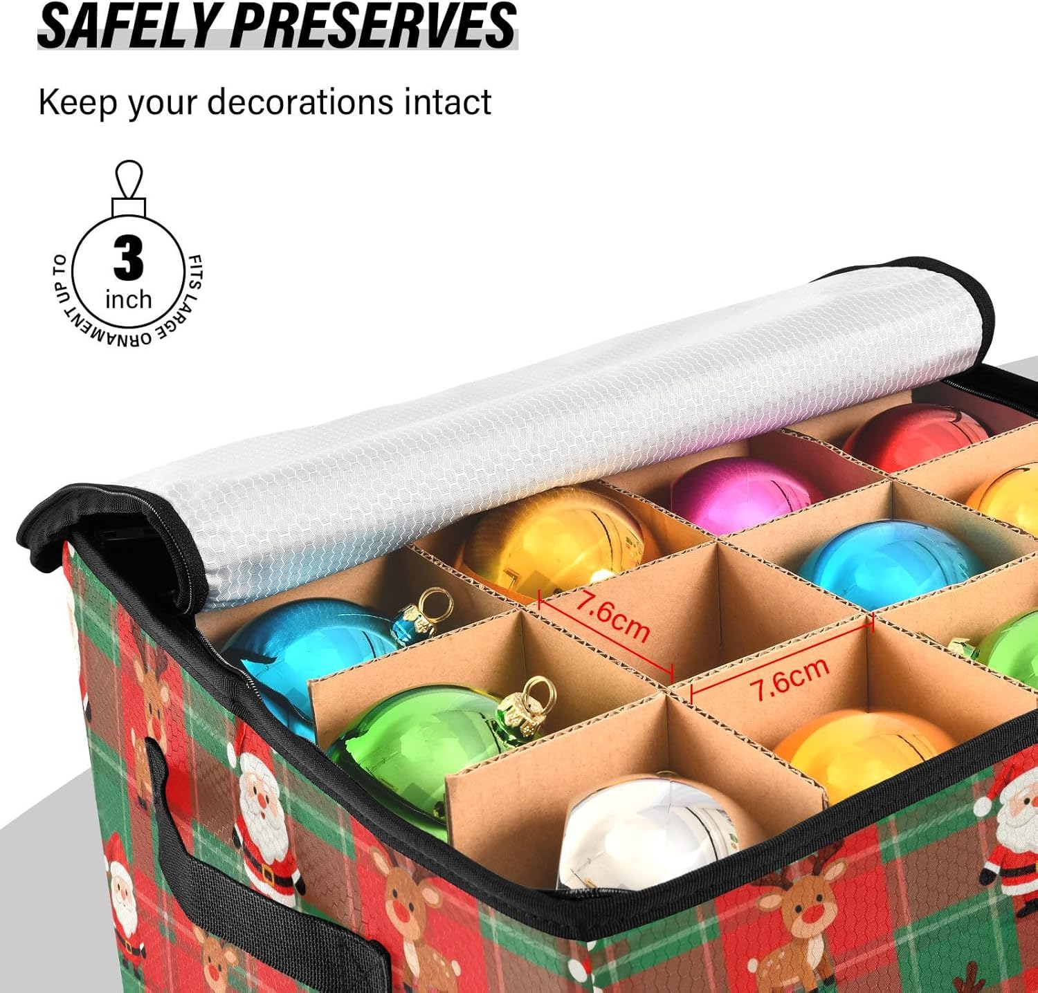 High Capacity Christmas ornament storage bag Holds Up to 64, Zippered Top Large Holiday Storage Case with Lid,Christmas Red Green Plaid Santa Claus Reindeer