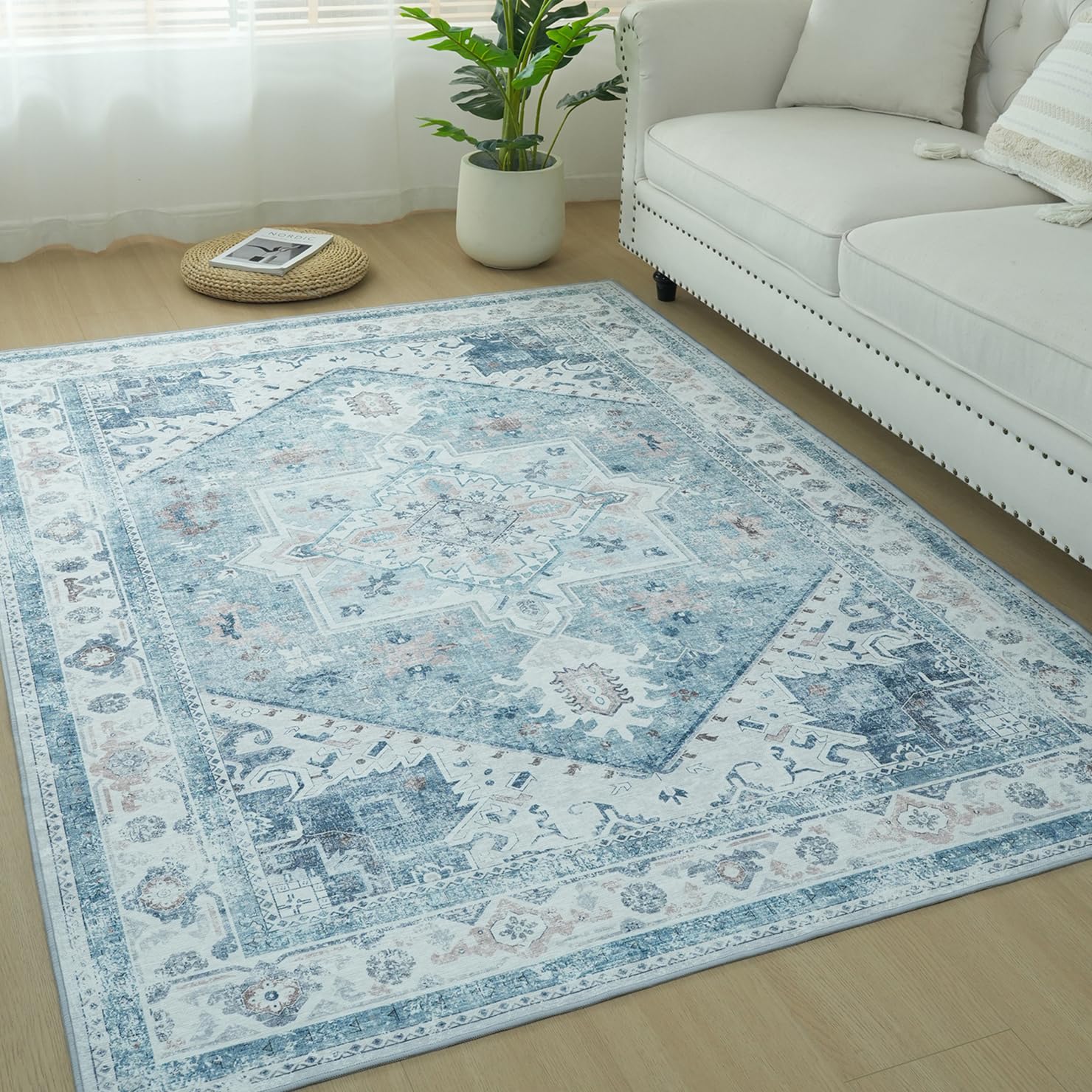 BRICHOEE8x10 Area Rug Boho Washable Rug Large Thin Rugs for Bedroom Living Room Vintage Non-Slip Oriental Distressed Carpet Chenille Stain Resistant Rugs, Blue MultiOEKO-TEX STANDARD 100