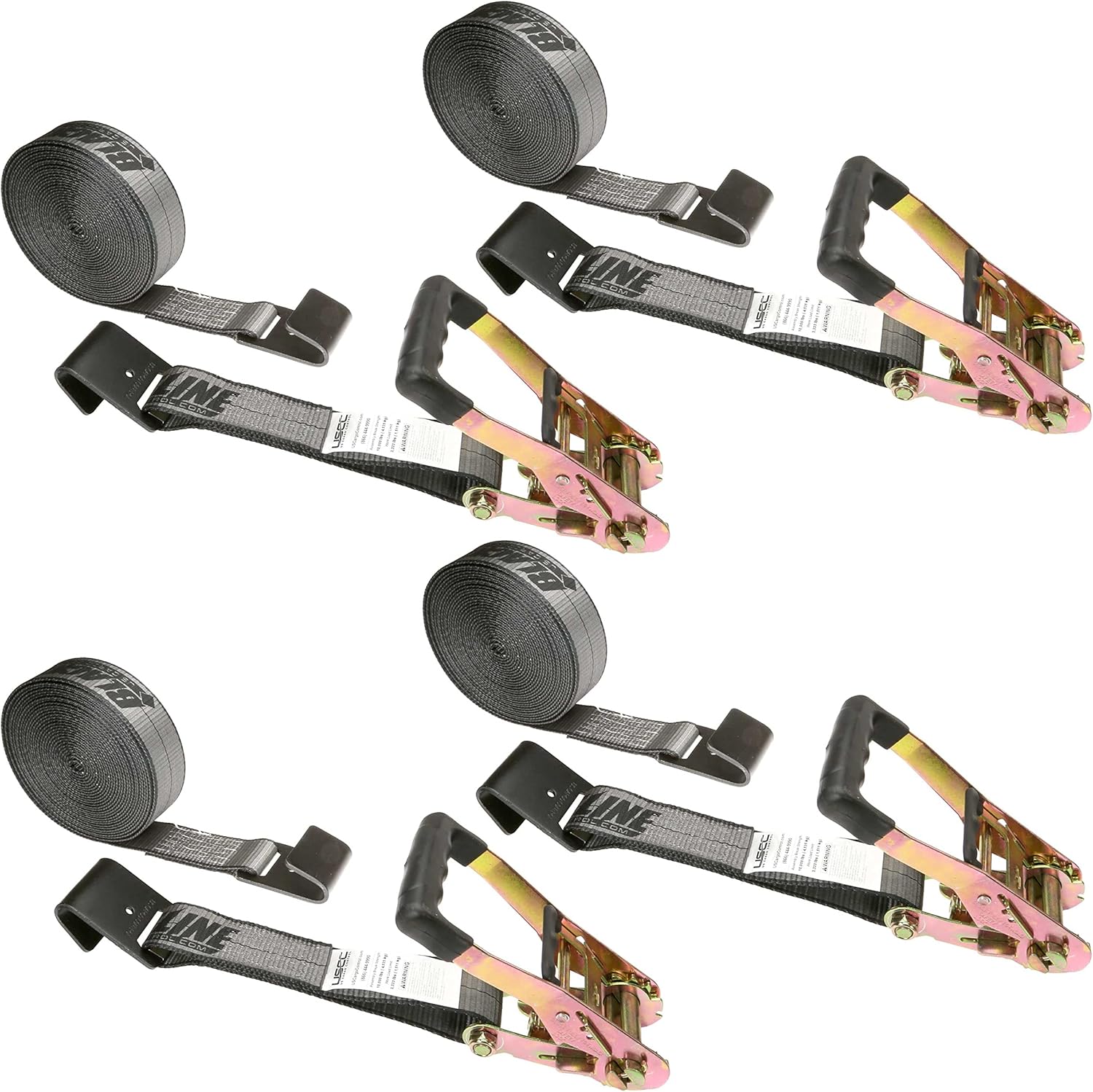 US Cargo Control Blackline Heavy-Duty 2 Inch Ratchet Straps with Flat Hooks (4 Pack), 2 Inch X 30 Foot, 3,333 LBS Working Load Limit, Black Flat Hook Ratchet Straps, Heavy Duty Tie Down Strap