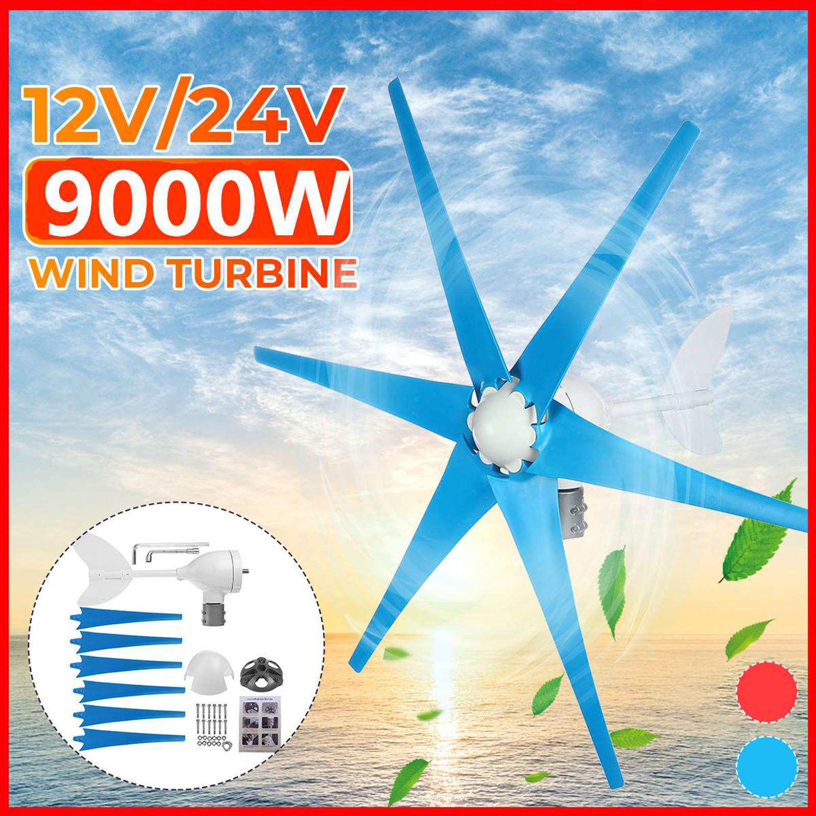 12V Windkraftanlagen-Set, 9000W, Vertikalwelle, 6 Flügel, für Zuhause, Camping, einfache Installation, Aufladung