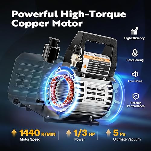 Miniatura 6 de VIVOHOME Kit de bomba de vacío de aire de paleta giratoria de una sola etapa de 110 V 13 HP 4CFM y manómetro de colector de CA, 2 unidades de aceite