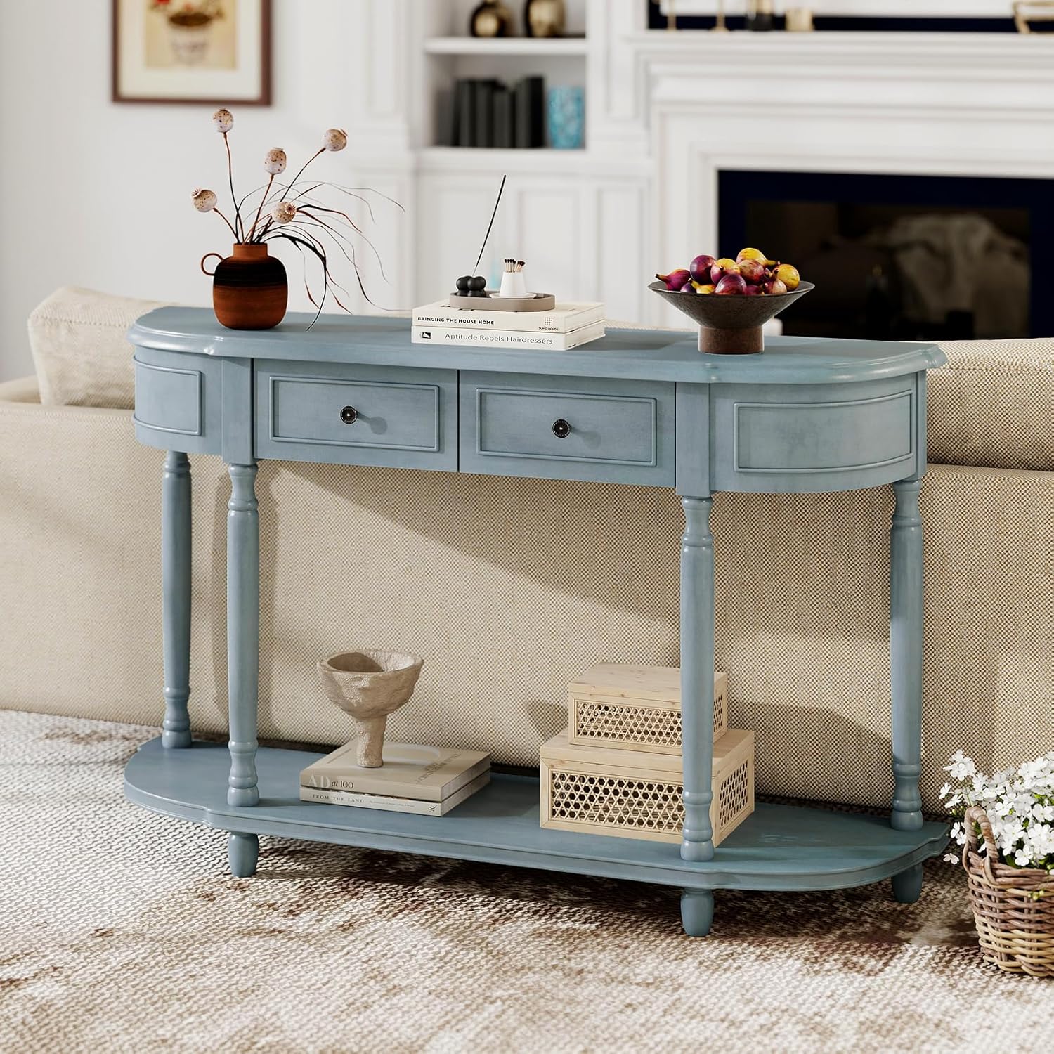 52" Blue Wood Console Table with Storage Drawers and Shelf