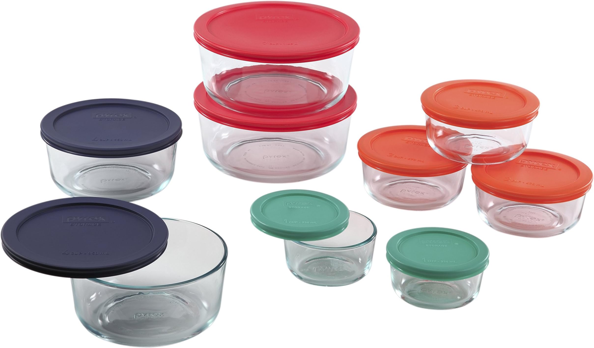 Pyrex1110141 18pc Glass Food Storage with Multi-colored Lids