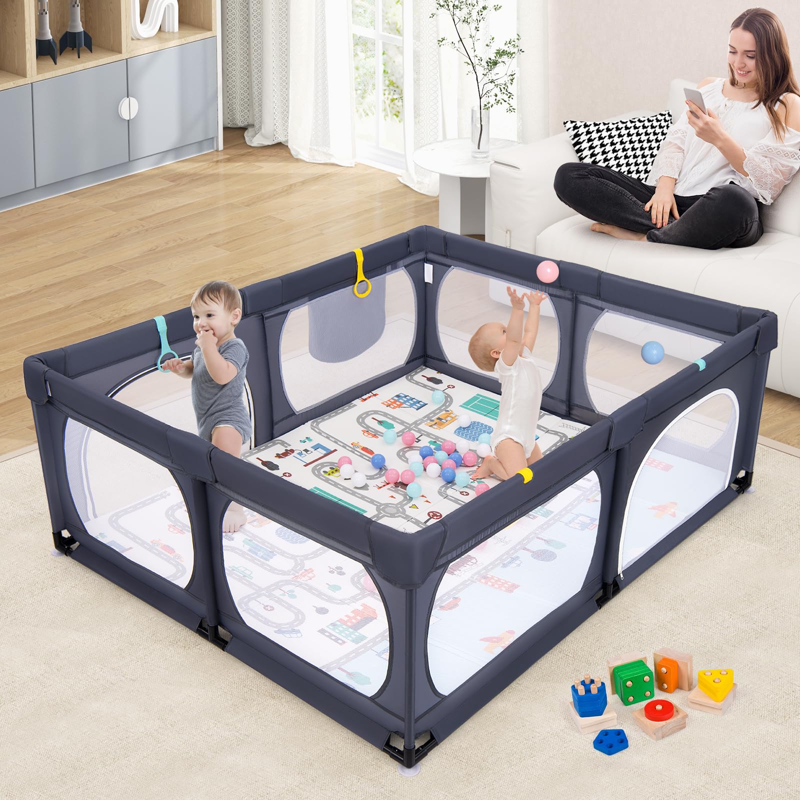 DREAMADE Laufstall Baby, 189 x 158 cm Laufgitter mit Matratze & 4 Zugringen & 50 Ocean Bällen & Tragetasche, Großes Schutzgitter für Baby & Kleinkinder 0-3 Jahren (mit Matratze,Dunkelgrau)