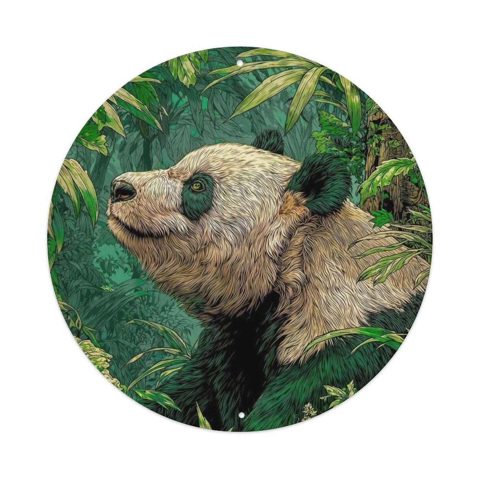 Animal Panda in Tropical Jungle Wildlife Illustration Green Plants Vintage Metal Tin Sign Plaque Wall Decor for Cafe, Club Bar, Office, Garden Metal Poster 8x8Inch