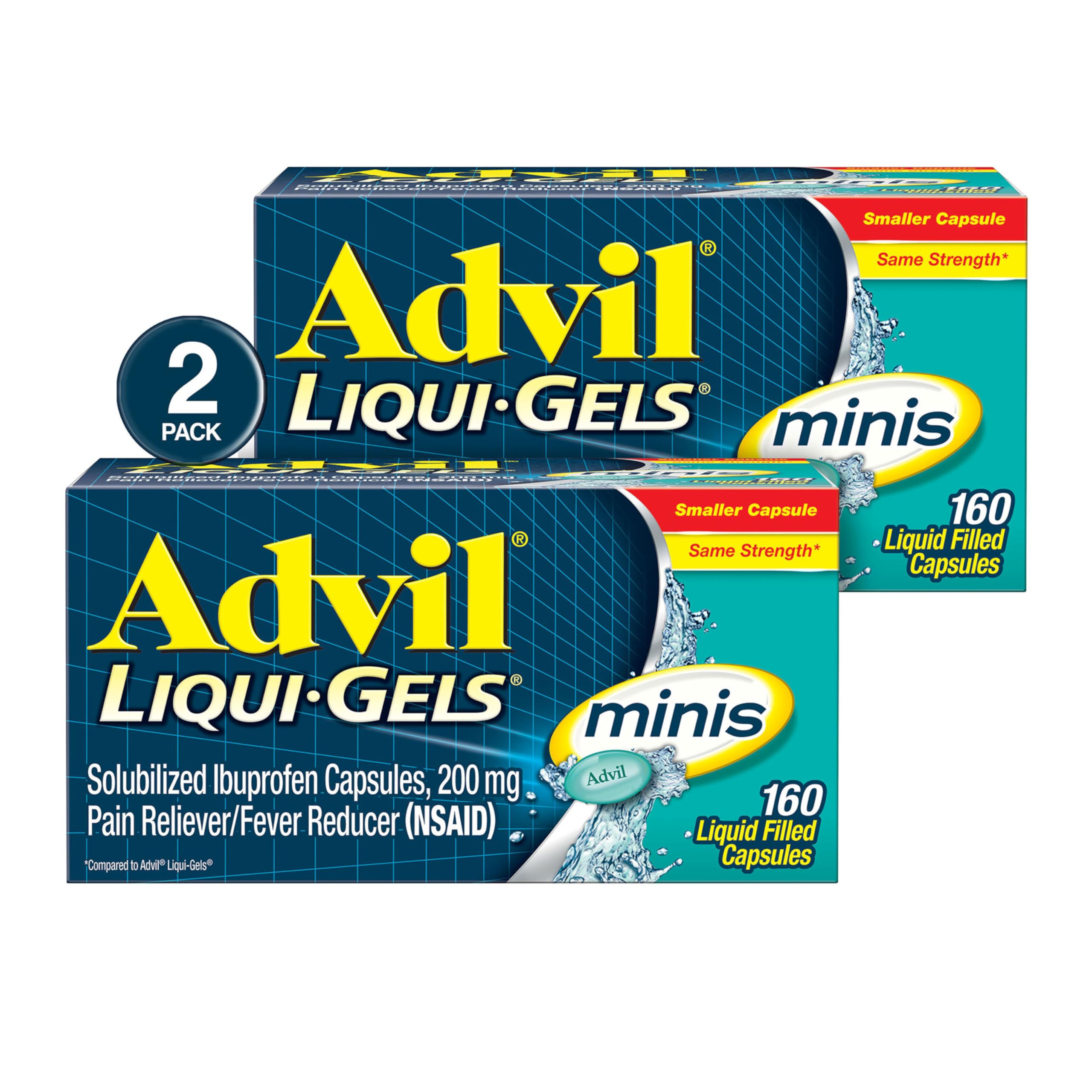 Advil Liqui-Gels minis Pain Reliever and Fever Reducer, Pain Medicine for Adults with Ibuprofen 200mg for Pain Relief - 2x160 Liquid Filled Capsules