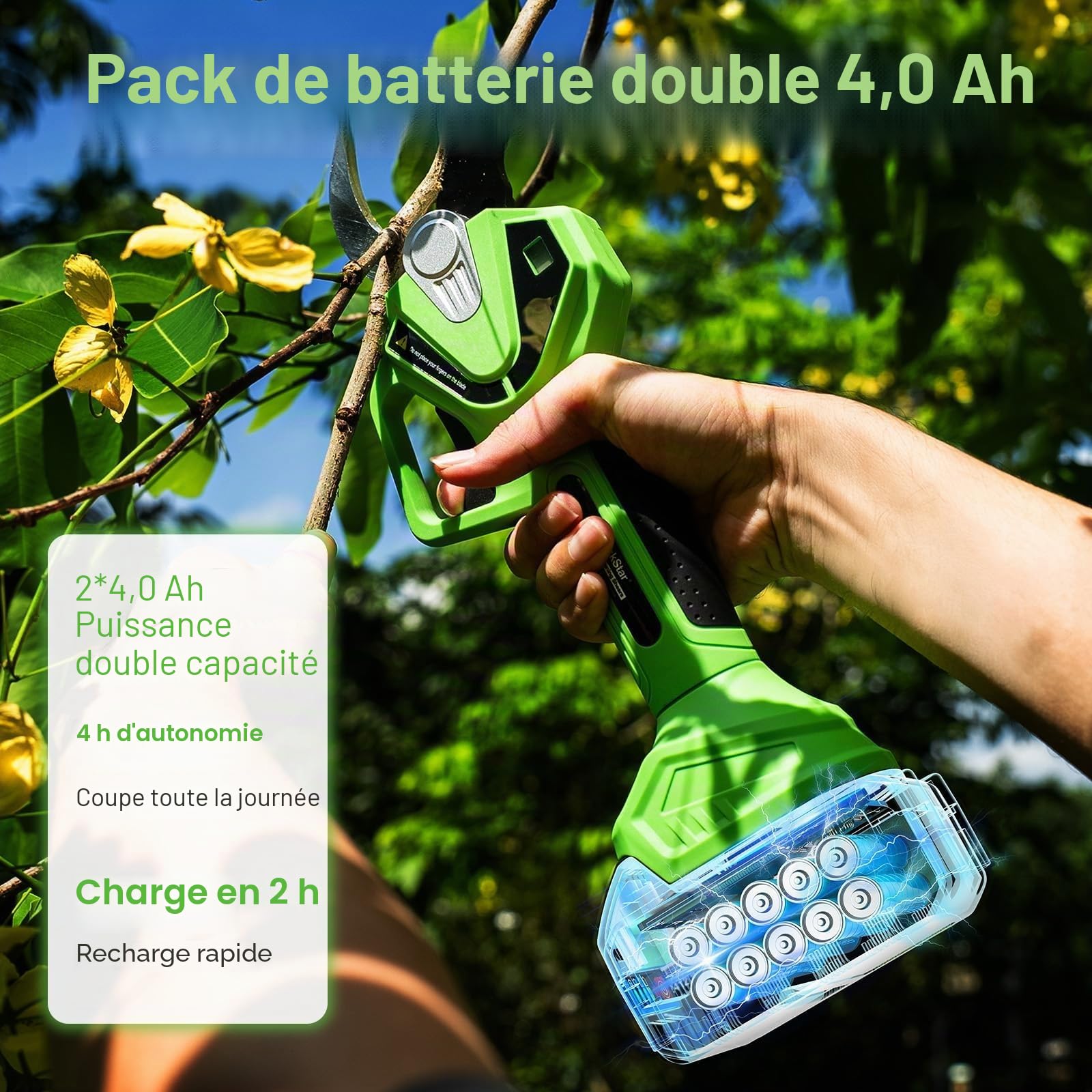 TaskStar Sécateur Électrique Télescopique: 2-en-1 Sécateur de Jardin avec Perche - Moteur Sans Balais, 2X Batteries 4,0Ah, Lame SK5 Supplémentaire, 2 Modes, Coupe 40mm pour Arbres & Fleurs