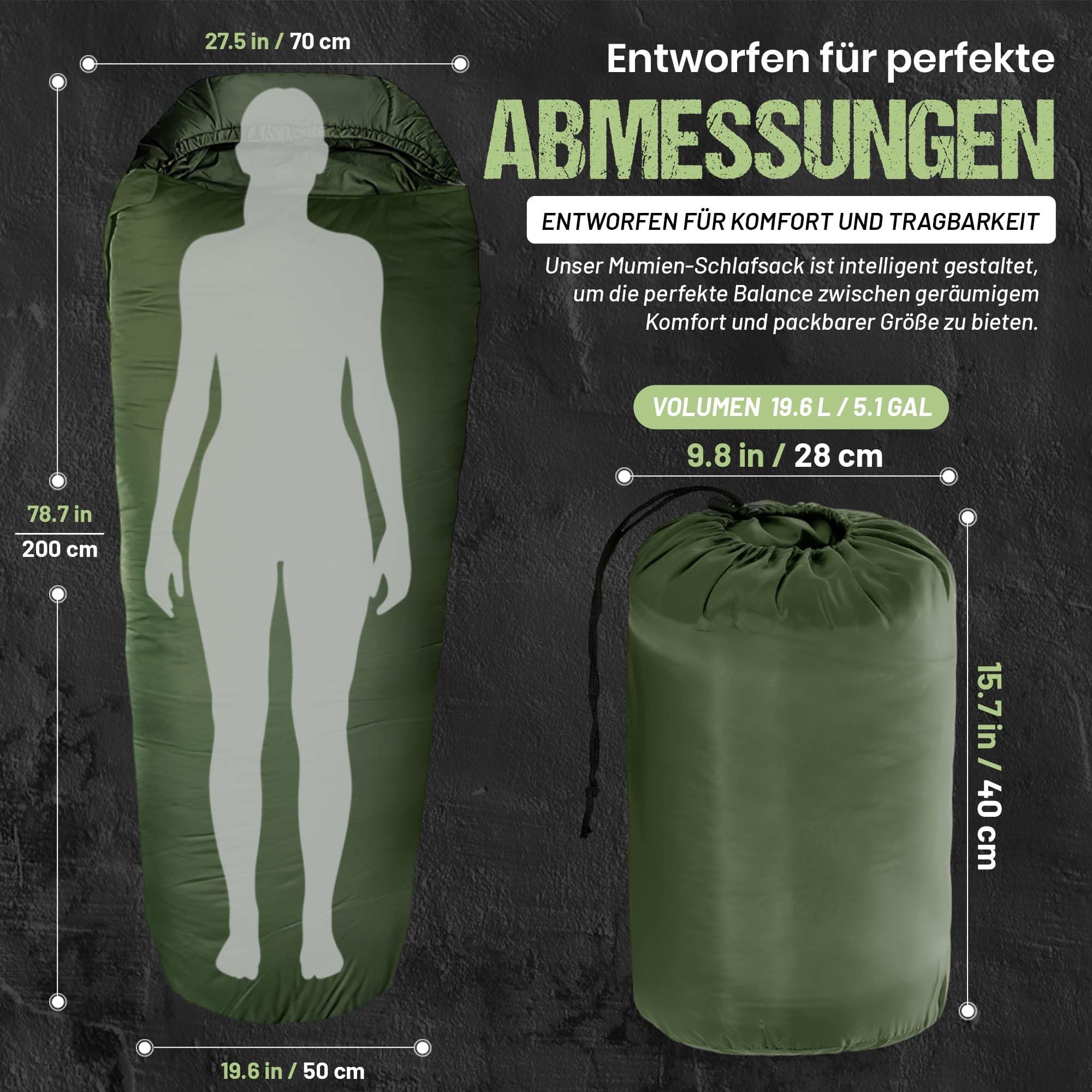Mumien-Schlafsack Thermo 3-Jahreszeiten High-Tech Mikrofaser Schlafsack bis -13°C; Leicht, Kompakt, Warm (Olivgrün)