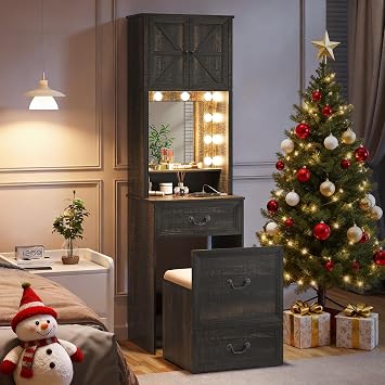 Compact Vanity with Hidden Chair, Makeup Vanity Desk with Mirror and Lights, Farmhouse Vanity Table with Storage Drawers for Bedroom, Dressing Table Gift for Girls Lady