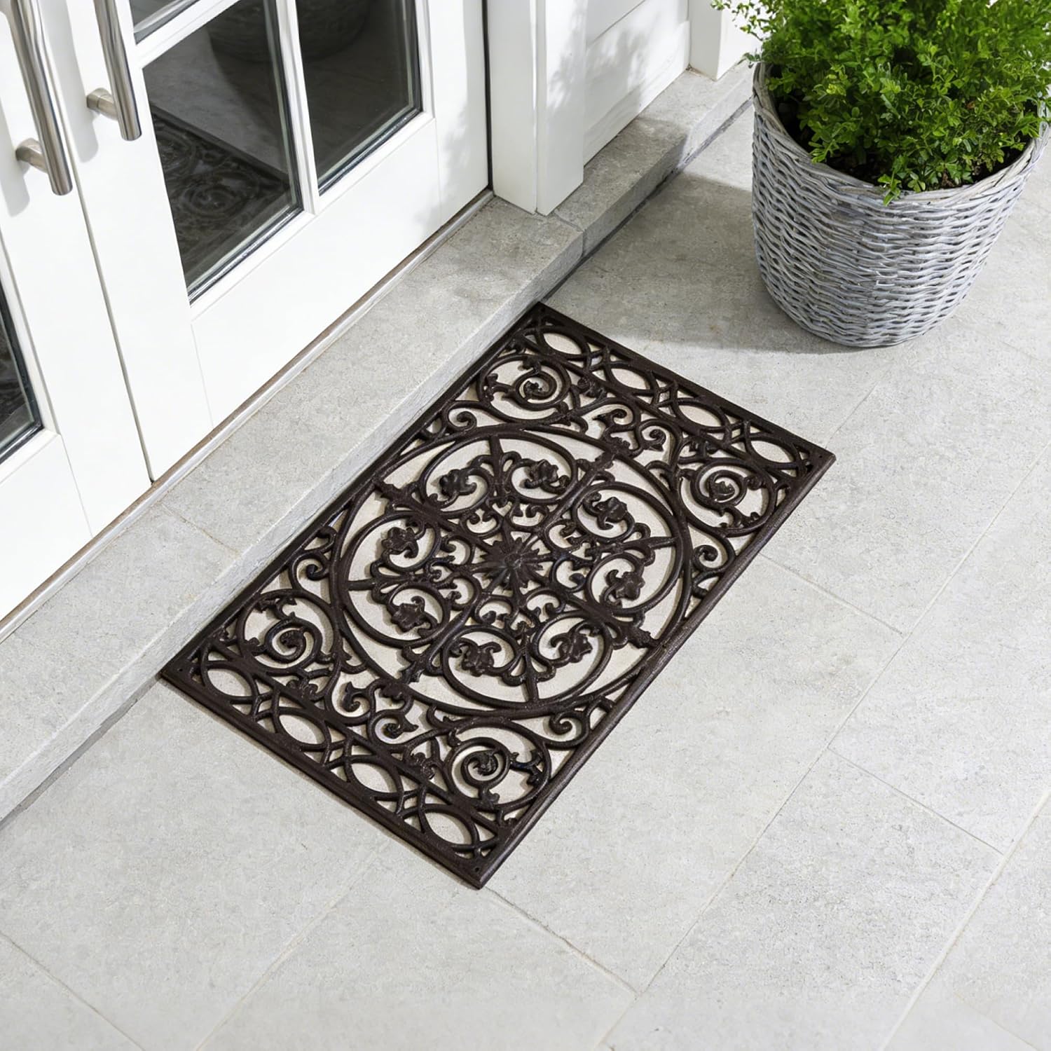 Heavy Duty Cast Iron Door Mat, 22”x 14”, Vintage Scroll Works Pattern Outdoor Non-Slip Shoe Scraper Entrance Mat,Rectangle