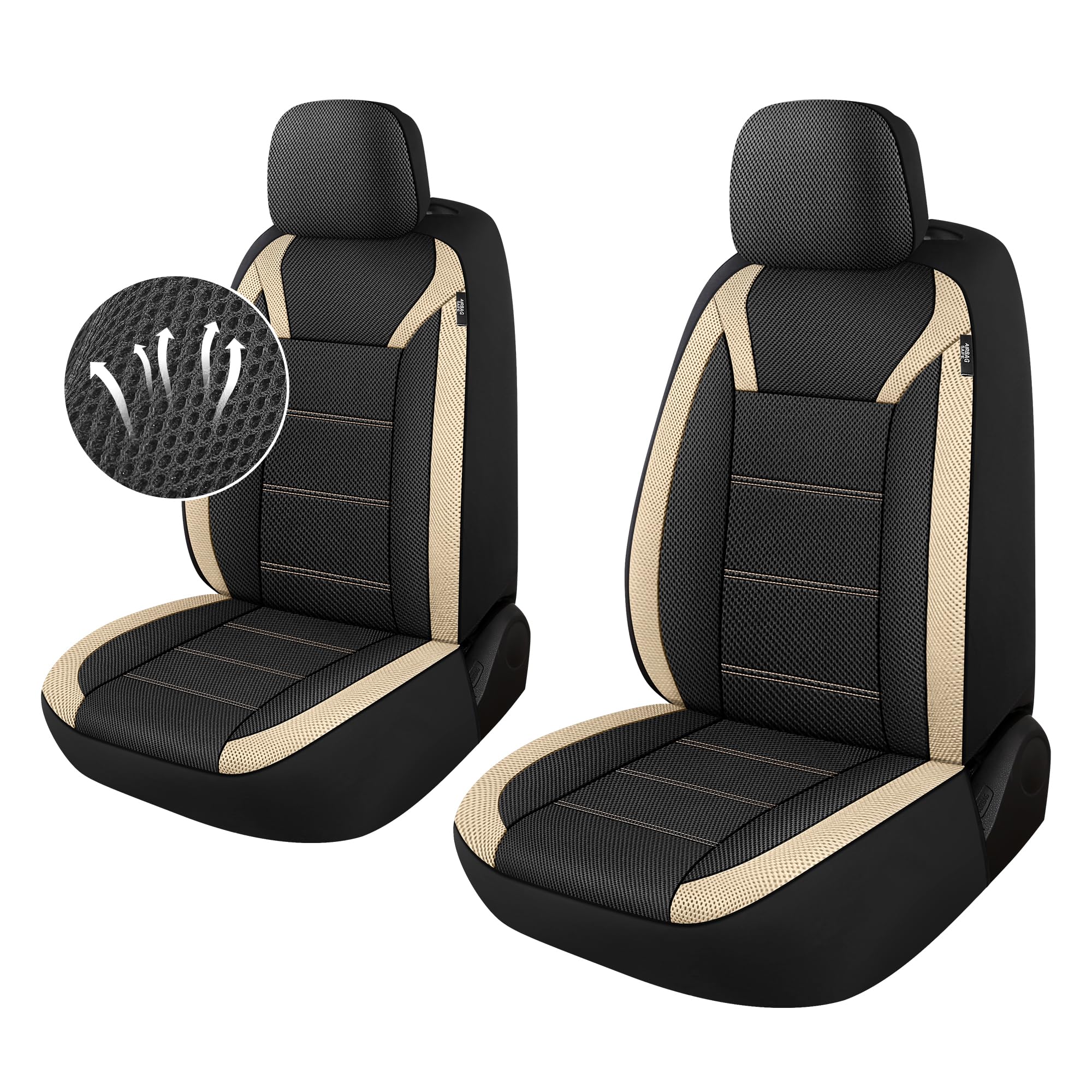 Breathable Car Seat Covers 2 Front Set, 3D Air Mesh Cloth Seat Covers for Cars, Automotive Car Interior Covers Universal Fit for Sedans SUV Trucks Vans(Black/Beige)