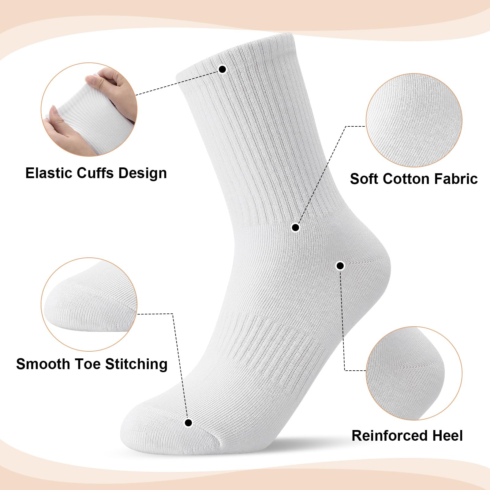6 Paar Tennissocken Damen Weiße Sportsocken Damen Crew Socks Atmungsaktive Baumwollsocken Lange Socken EU 36-40/38-43
