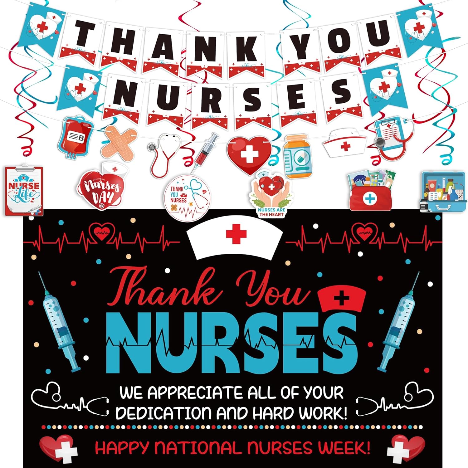 Nurses Week 2026 Decorations Set: Thank You Nurses Backdrop Banner Hanging Swirls Happy Nurse Appreciation Gifts Bulk RN Graduation Party Decor Supplies