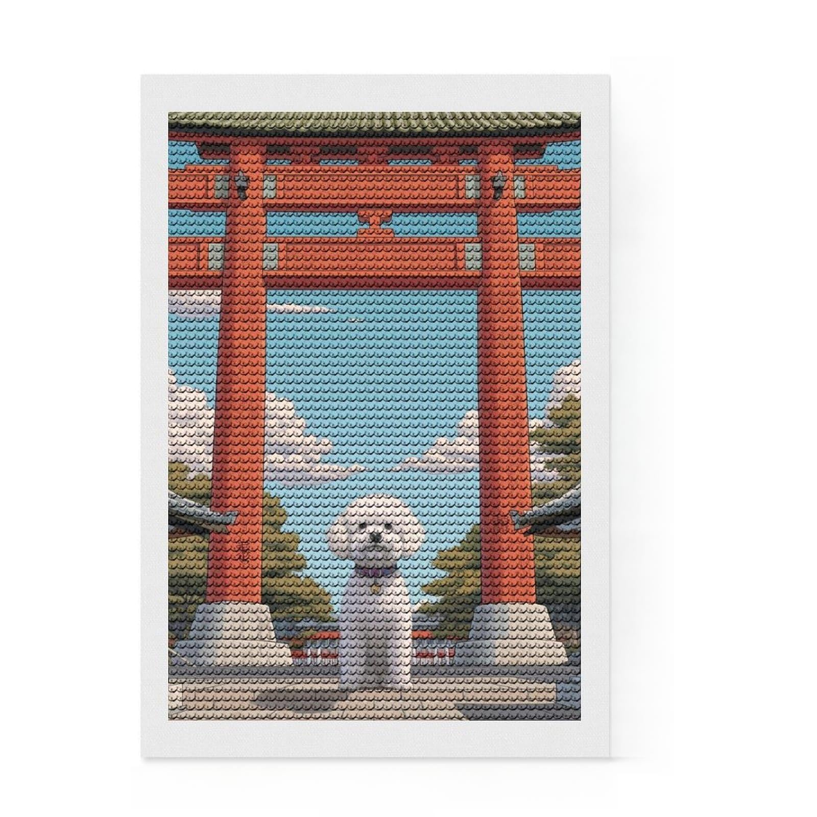 Junmoney Bichon Frise Torii Gate Full Drill Diamond Painting Kit 8"x12", Good for Quiet Evenings, Fun Craft Experience, Living Room Decor, Gift Idea