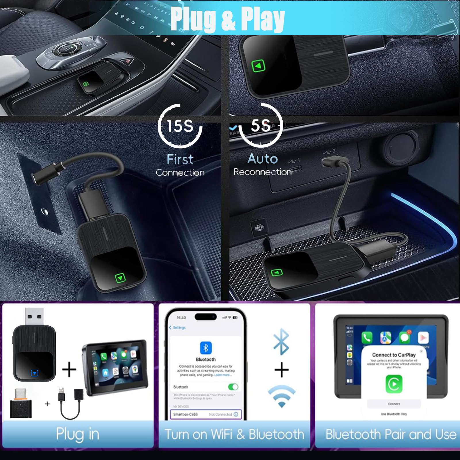 Bemkia CarPlay Wireless Adattatore per dispositivi iOS & Android Auto