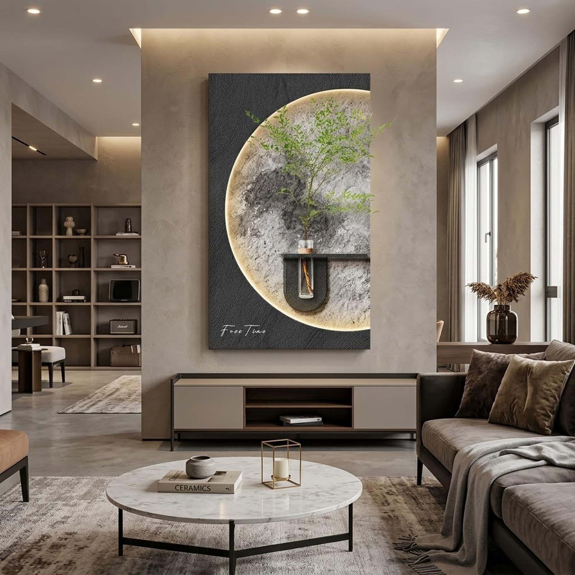 OEPCHEFACX Sandstone Wall Art Decor with Glass Vase and LED Backlight, Modern Textured Frameless Sculptures Mural for Living Room, Hallway, Entryway,Plug-in Power(A,50x87cm/19.7"x34.3")