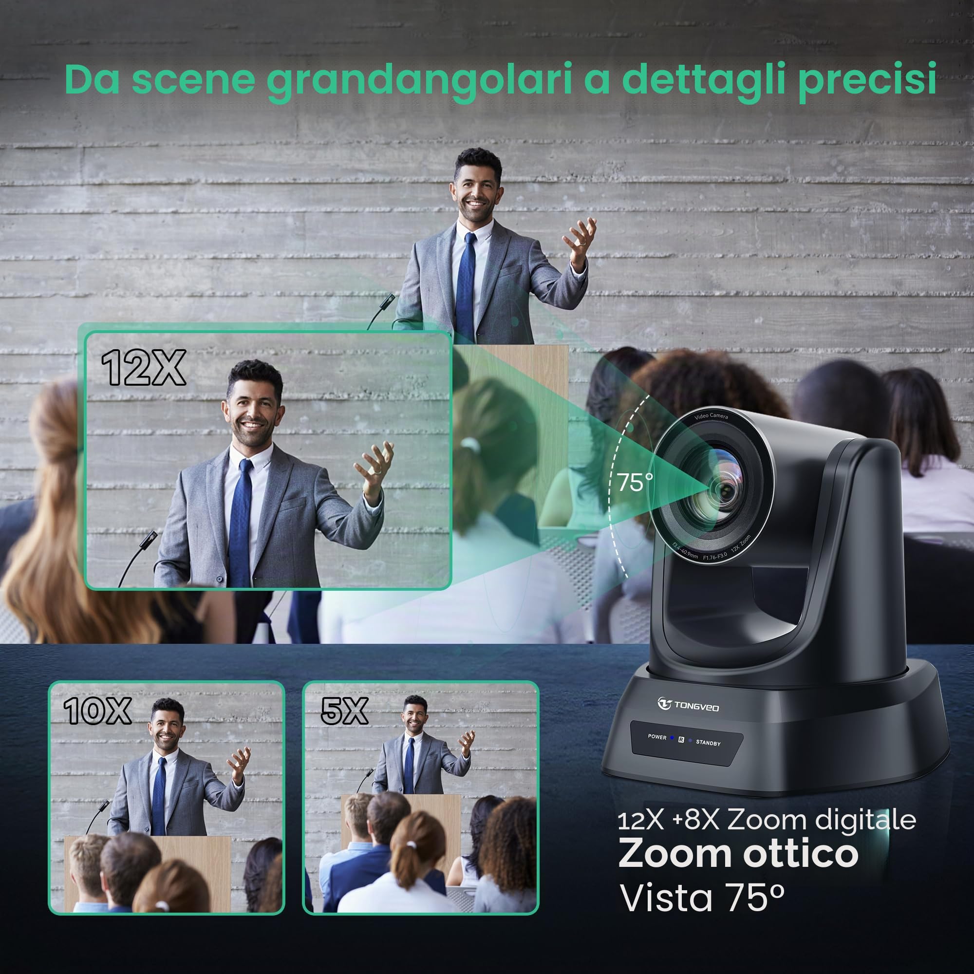 TONGVEO Telecamera PTZ con Tracking IA, Zoom Ottico 12X, 1080P 60fps HDMI/USB 3.0, per Conferenze, Chiese, Live Streaming, Zoom, YouTube, OBS