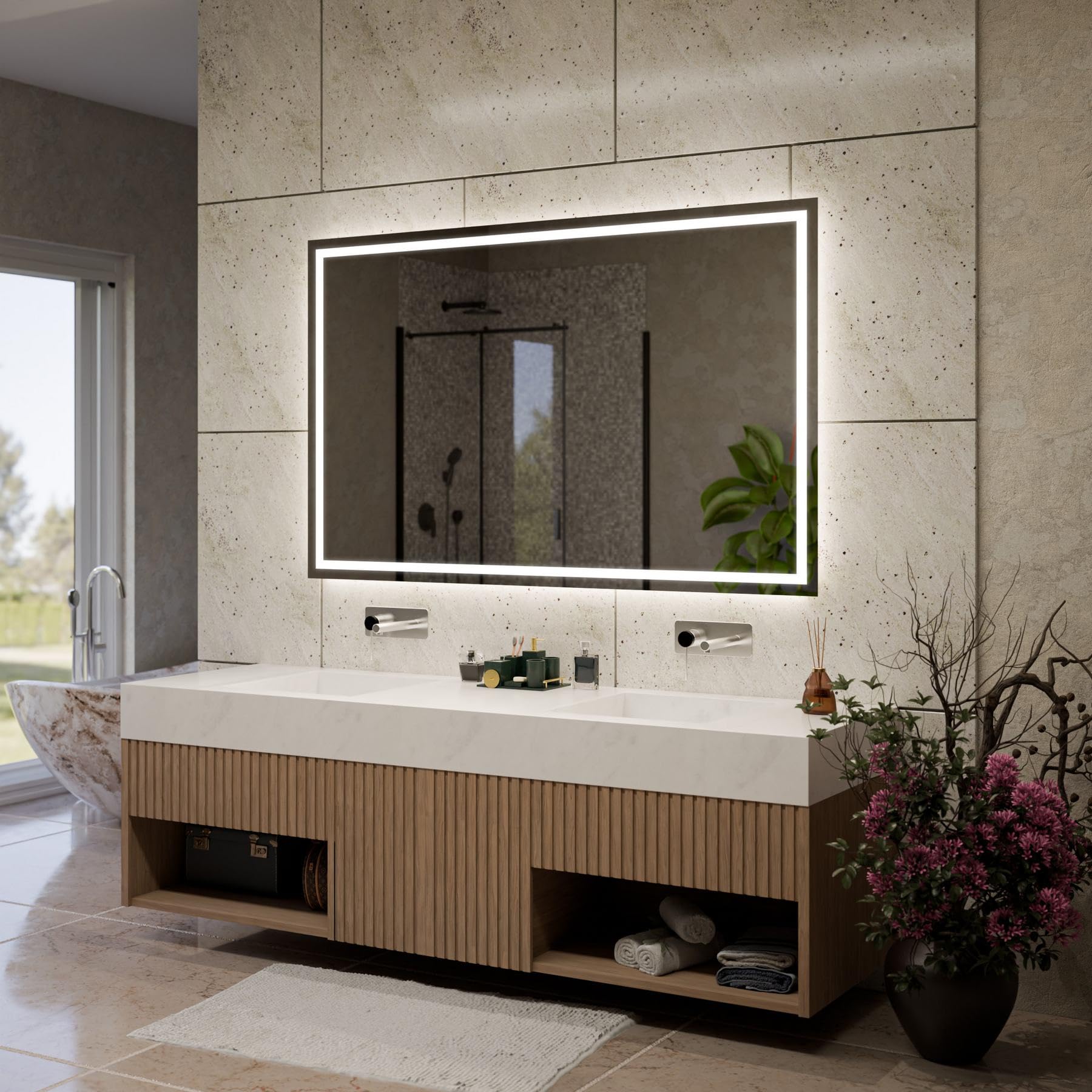 Atlanta Specchio Bagno LED 110x90cm Antiappannamento, Retroilluminato, Personalizzabile, Rettangolare, Selezione Colore Luce