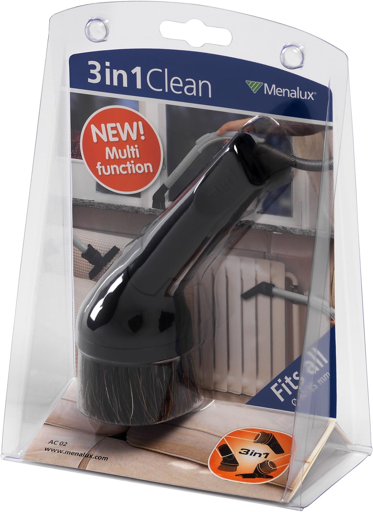 Menalux 3 in 1 Floor Tool AC02. Universal fitting, for effective use on hard floors and carpets. Multi function, converts into Mini Brush, Mini Crevice Nozzle and Mini Furniture Brush