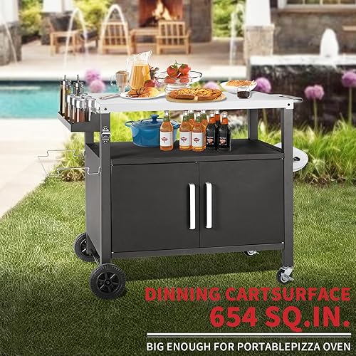 Miniatura 4 de Mesa de carrito de parrilla con armario de almacenamiento grande, carrito de comedor movible al aire libre, soporte para horno de pizza, carrito de