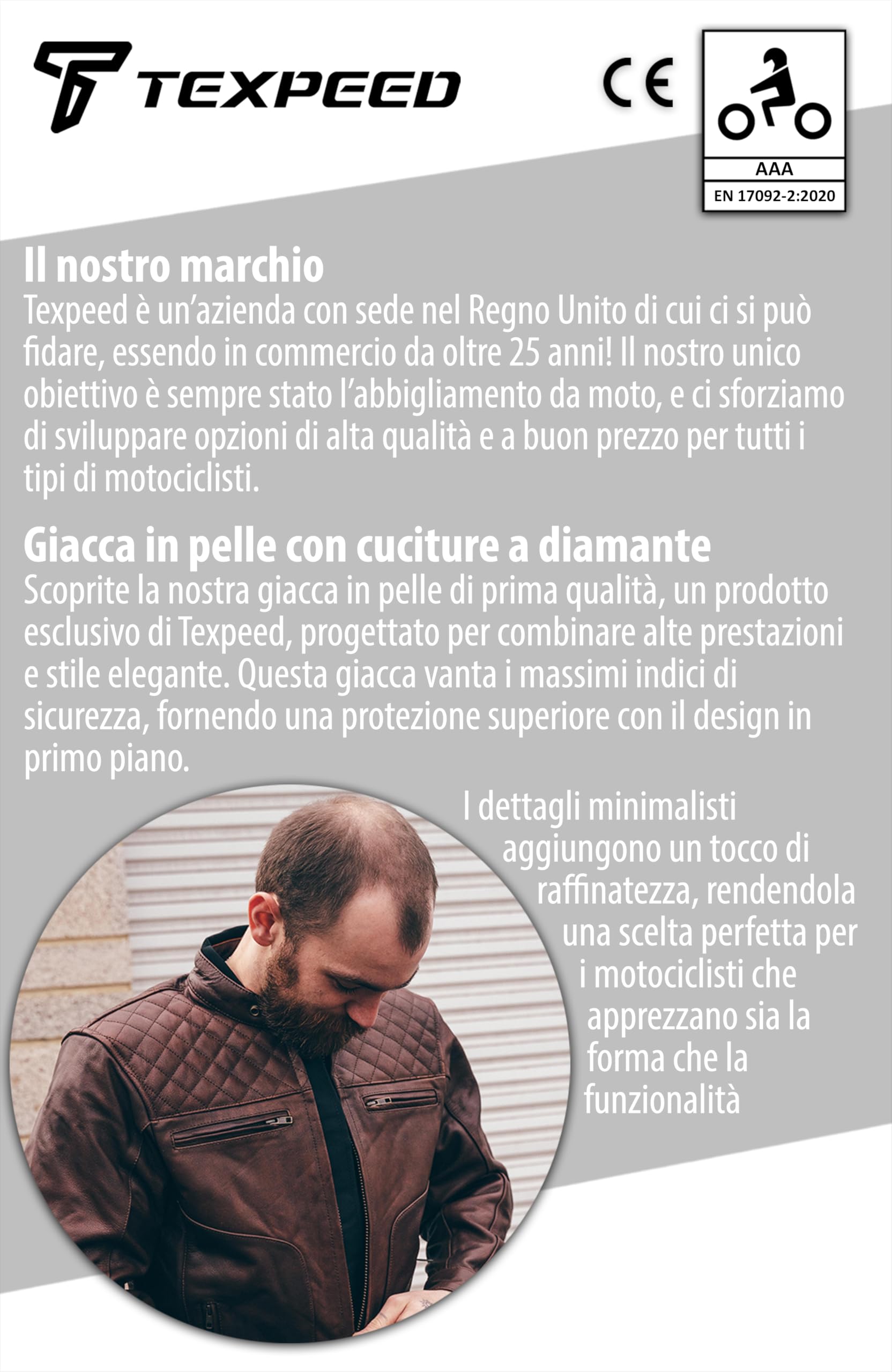 Texpeed Giacca da moto in pelle da uomo - Giacca da moto da turismo con protezione originale da motociclista CE (EN 1621-1) Design trapuntato con cuciture a diamante - Marrone - 3XL