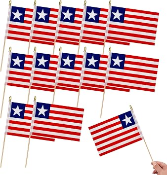 12Pcs Small Liberia Flags on Wooden Stick Mini Liberian Flag Hand Held Flag Decorations,5x8 Inch