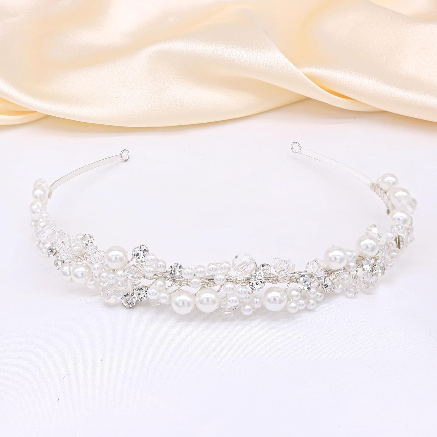 Oriamour Bridal Headband With Pearls Wedding Headpieces For Brides Crystal Party Hair Accessories For Women (Silver)