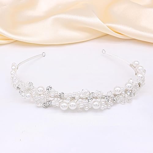 Oriamour Bridal Headband With Pearls Wedding Headpieces For Brides Crystal