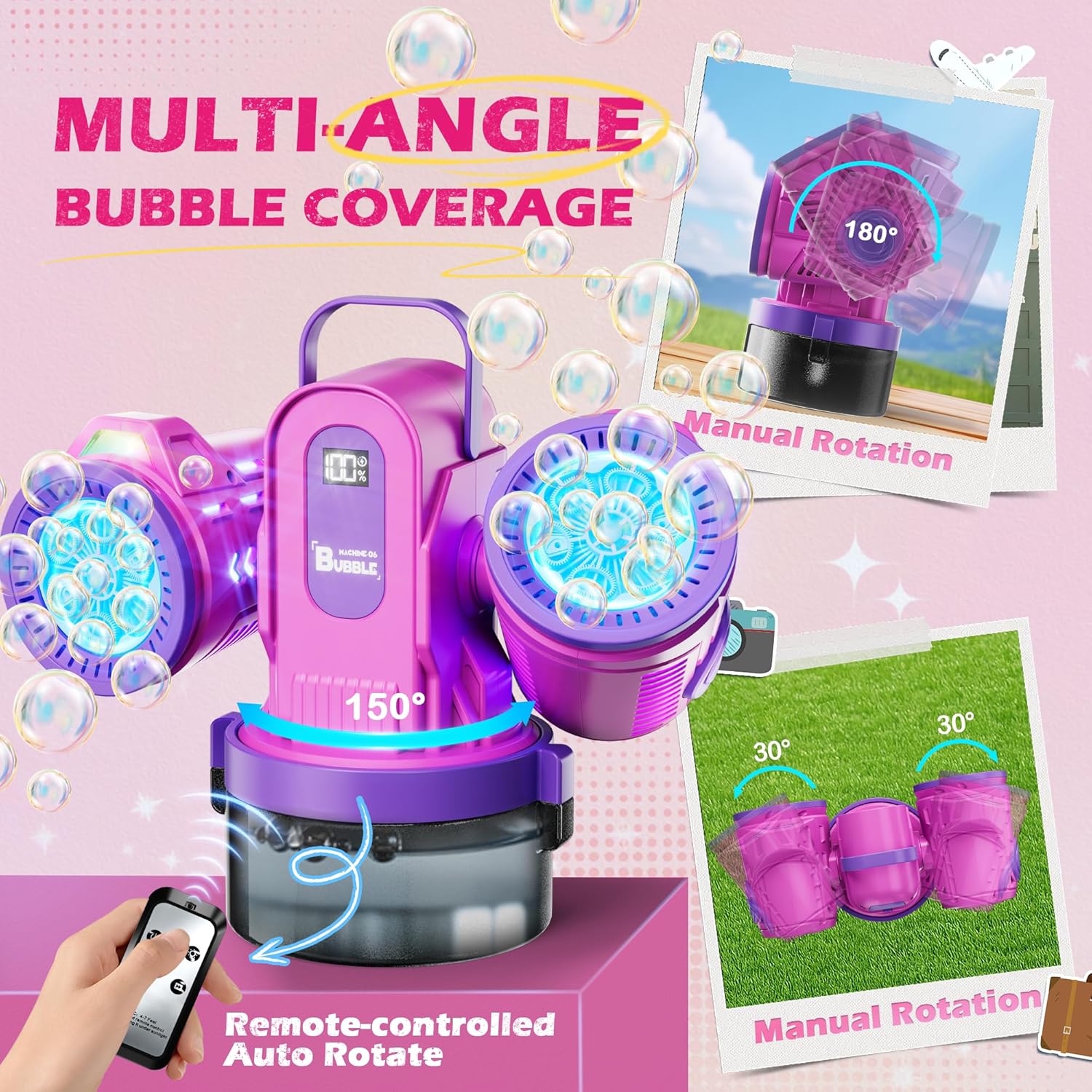 Bubble Machine with RGB Lights & Remote Control, 360° Rotation, Smart Battery Display, Type-C Rechargeable, 700mL Tank, Dual-Engine Bubble Maker for Girls, Parties, Weddings, Outdoor Events