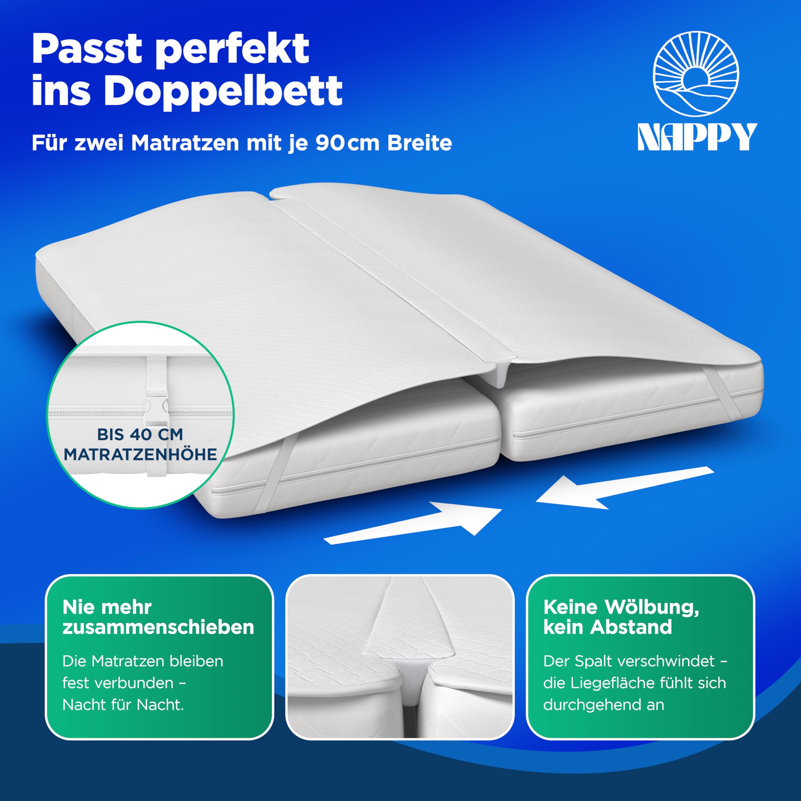 NAPPY Liebesbrücke 180x200cm waschbar | Matratzenkeil mit Matratzenverbinder wasserdicht für Paare und Eltern | Ritzenfüller für Matratzen gegen Verrutschen | Kombination mit Bettkeil (180cm x 200cm)